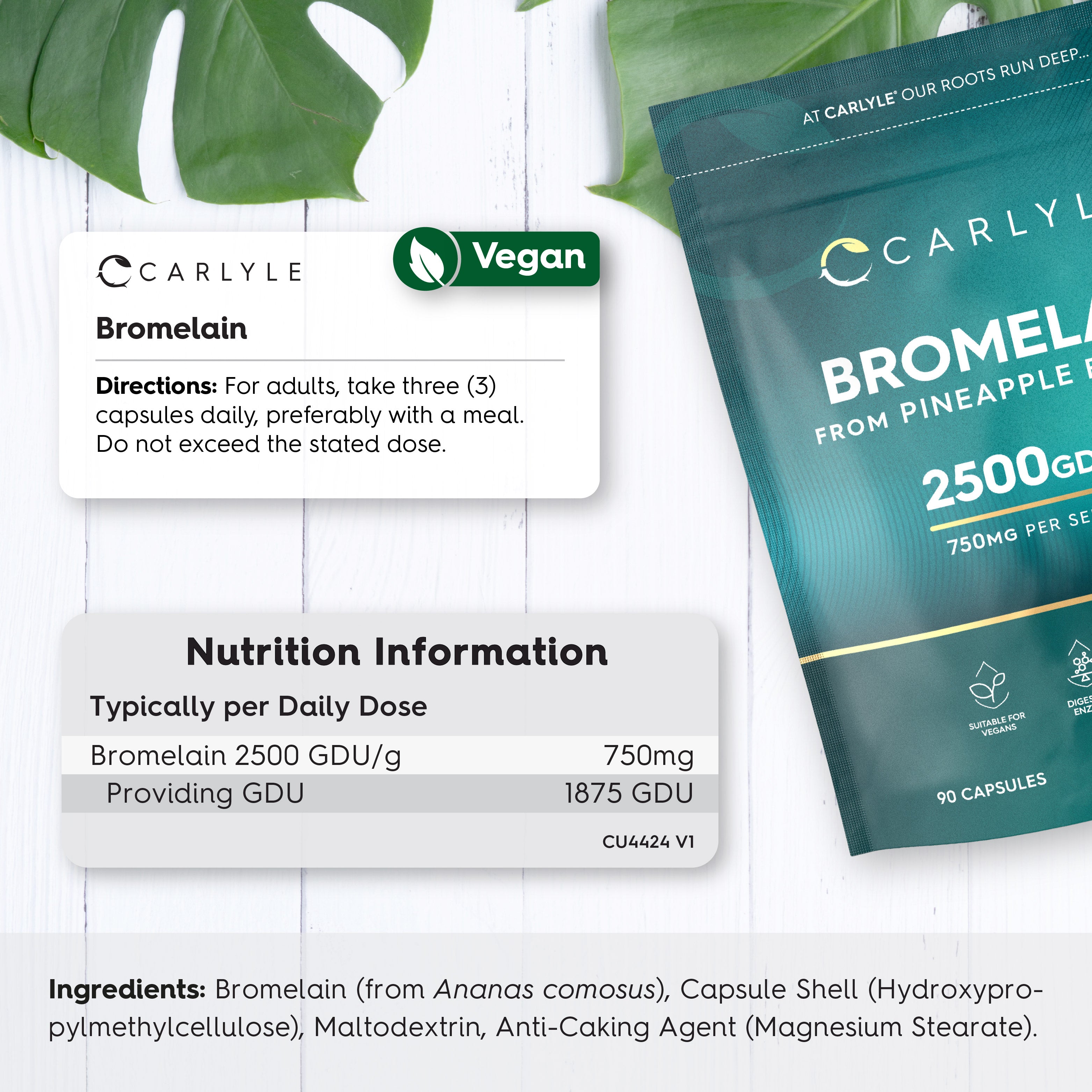 Carlyle Bromelain from Pineapple, offering 2500 GDU/g, 750mg per serving, in a vegan-friendly pack of 90 capsules.