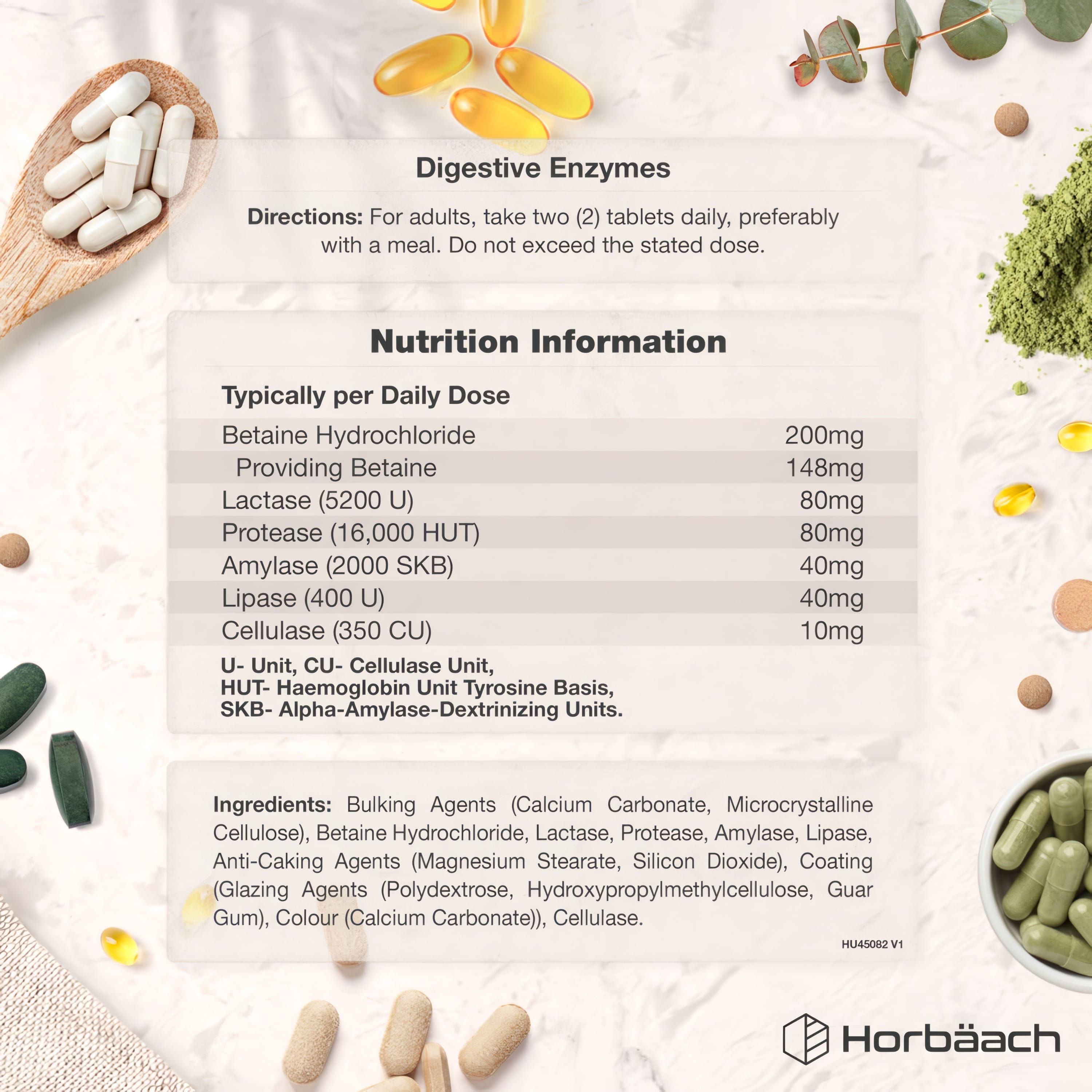 HU Digestive Enzymes Supplement Facts panel for 90 vegan tablets.