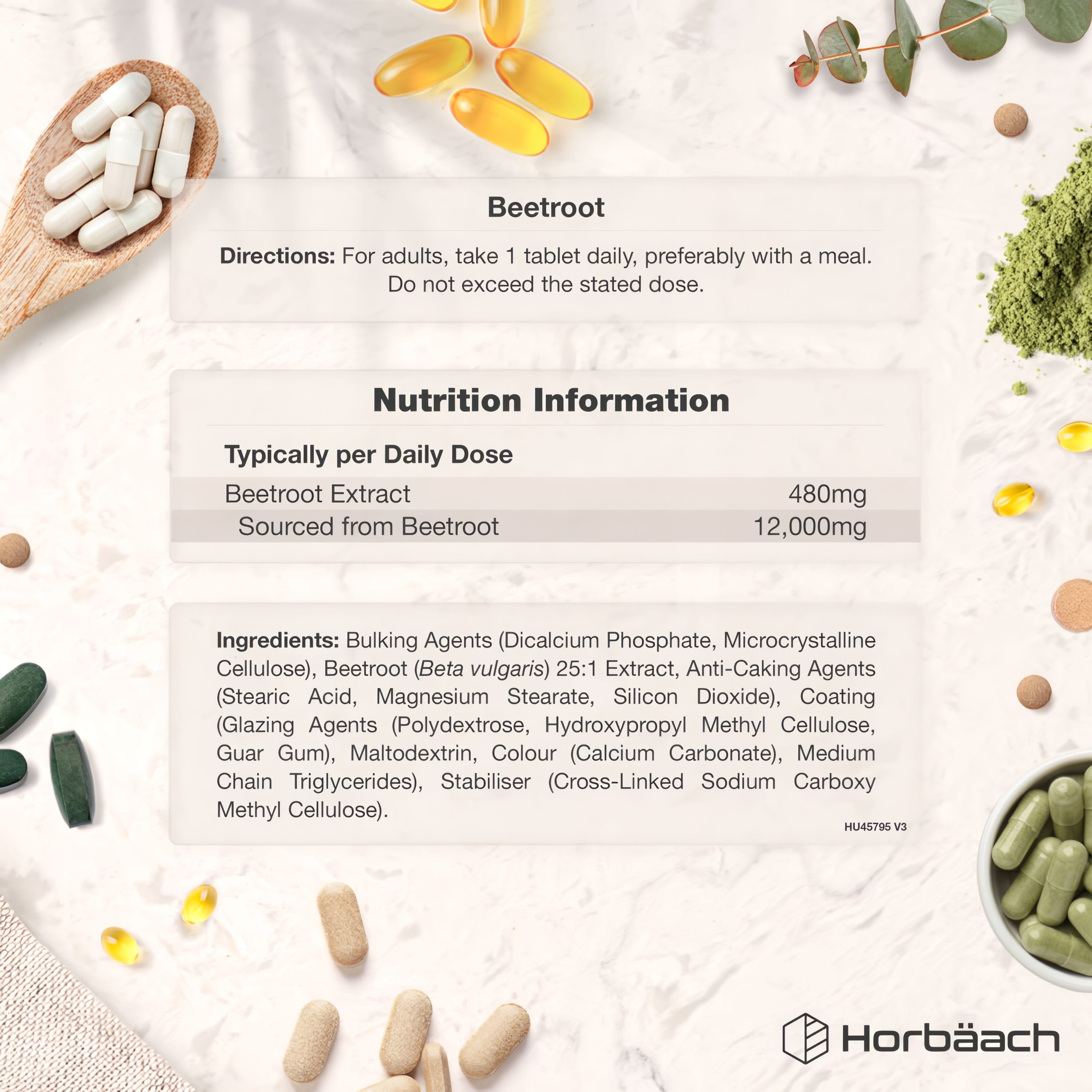 Supplement Facts panel showing details for Beetroot 12,000mg in 120 vegan tablets.