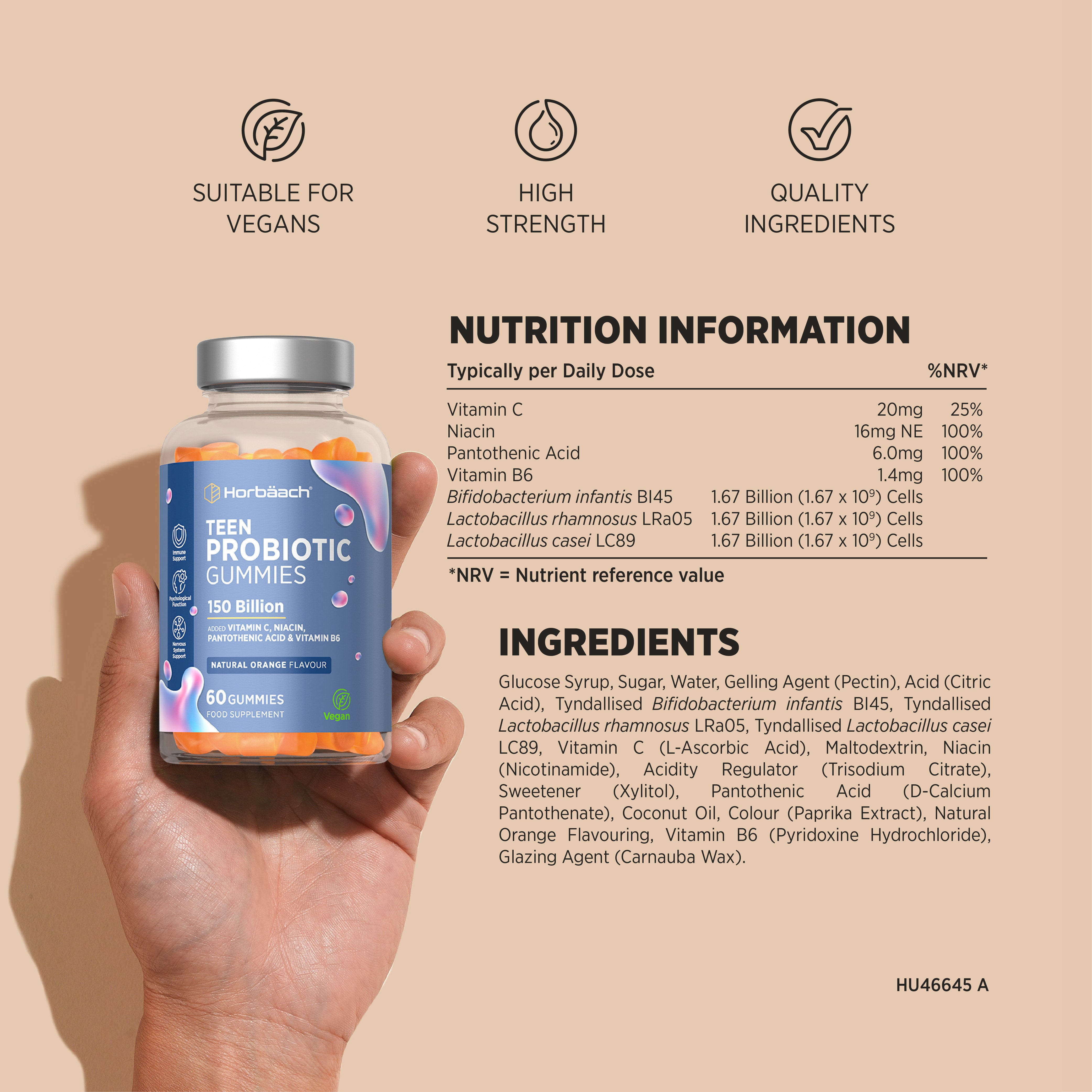 Teen Probiotic Gummies 150 Billion, 60 vegan gummies with Vitamin C, Niacin, Pantothenic Acid, and Vitamin B6.