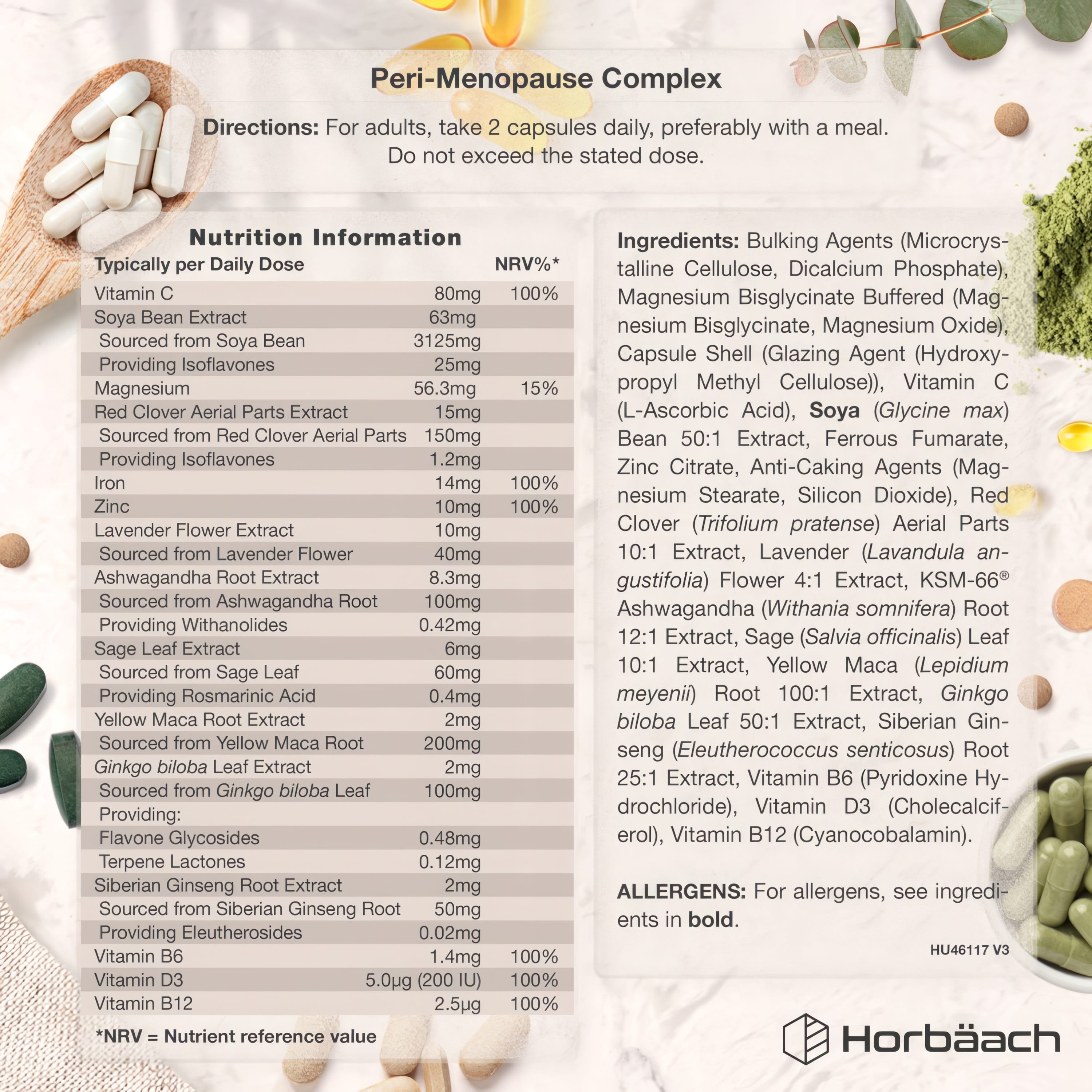 Supplement Facts for Perimenopause Complex, 60 Vegan Capsules.