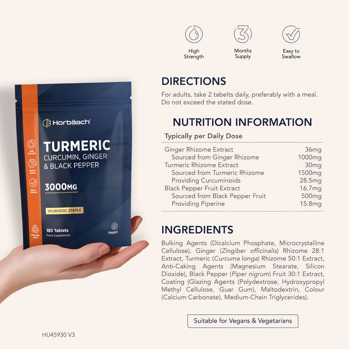 Turmeric, Ginger, and Black Pepper 3000MG, 180 Tablets pouch. High Strength, 3 Month Supply, Easy to Swallow, Vegan.