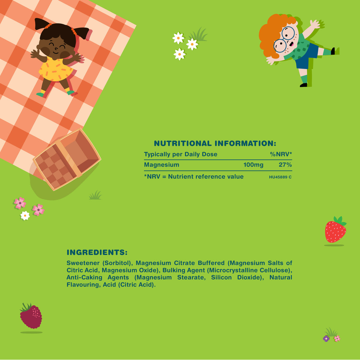 Infographic showing Magnesium 100mg (27% NRV) with Sorbitol, Mg Citrate, MCC, Mg Stearate, Silica, Flavor, Citric Acid.