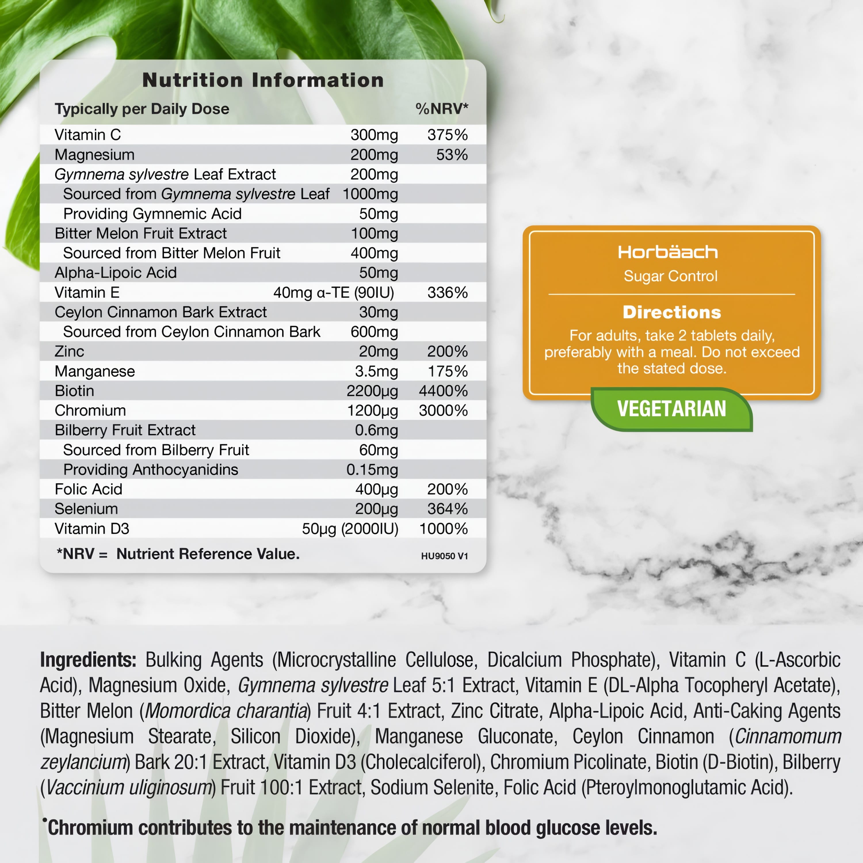 Blood Sugar Support Supplement | 90 Tablets | with Chromium, Ceylon Cinnamon Extract & Gymnema Extract | Suitable for Vegetarians | by Horbaach