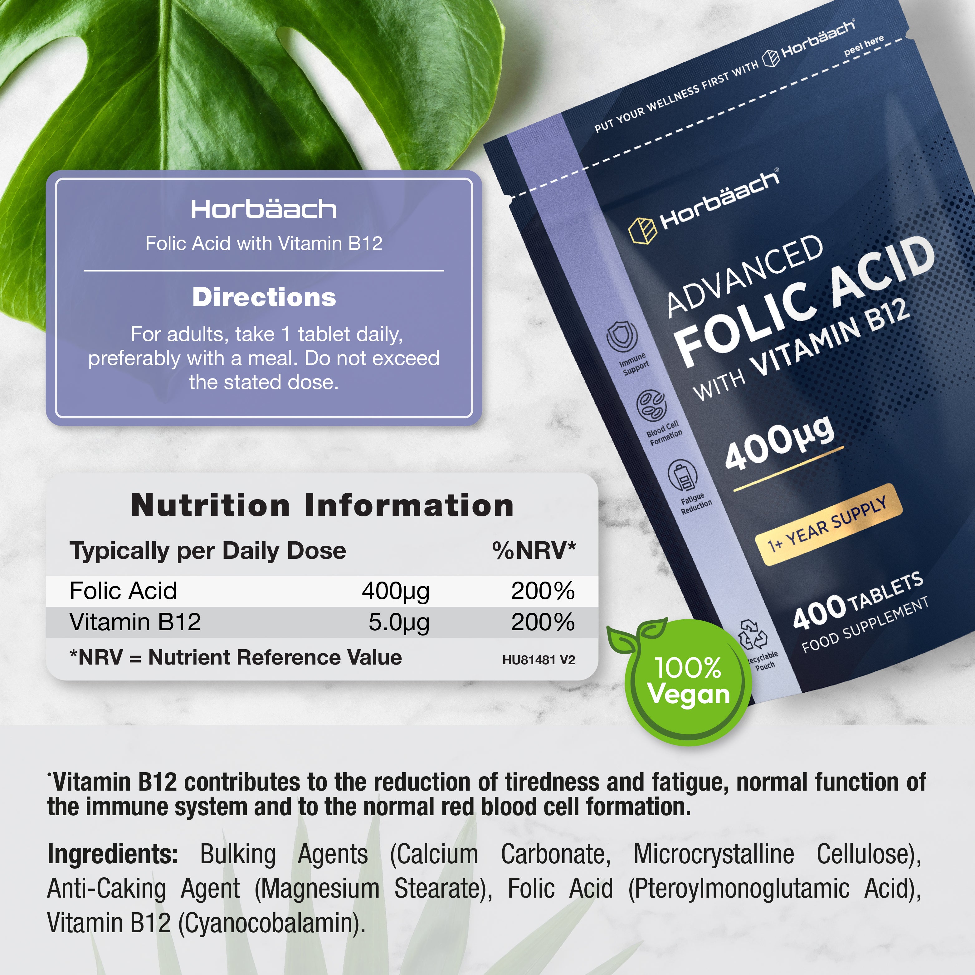 Folic Acid 400 ug with Vitamin B12 | 400 Tablets