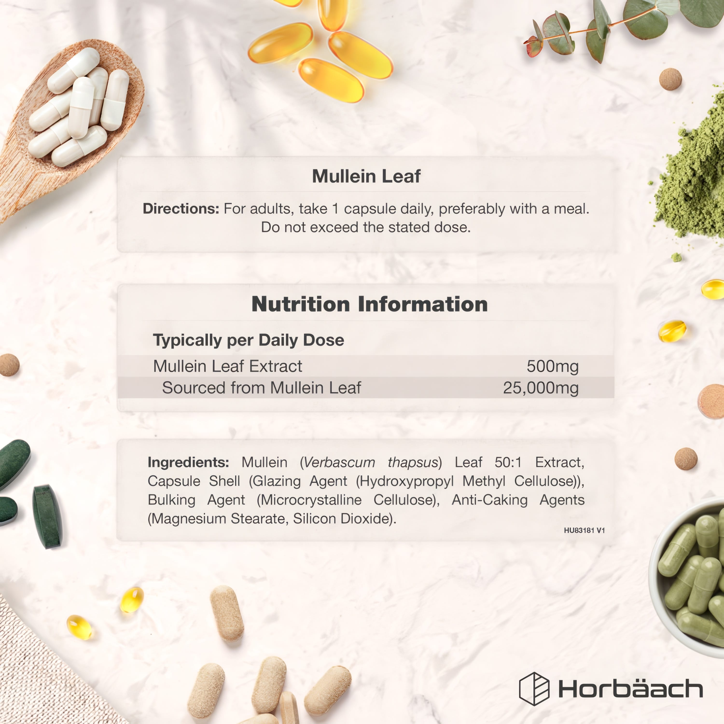 Supplement Facts for Mullein Leaf Extract 25,000mg, 60 Vegan Capsules.