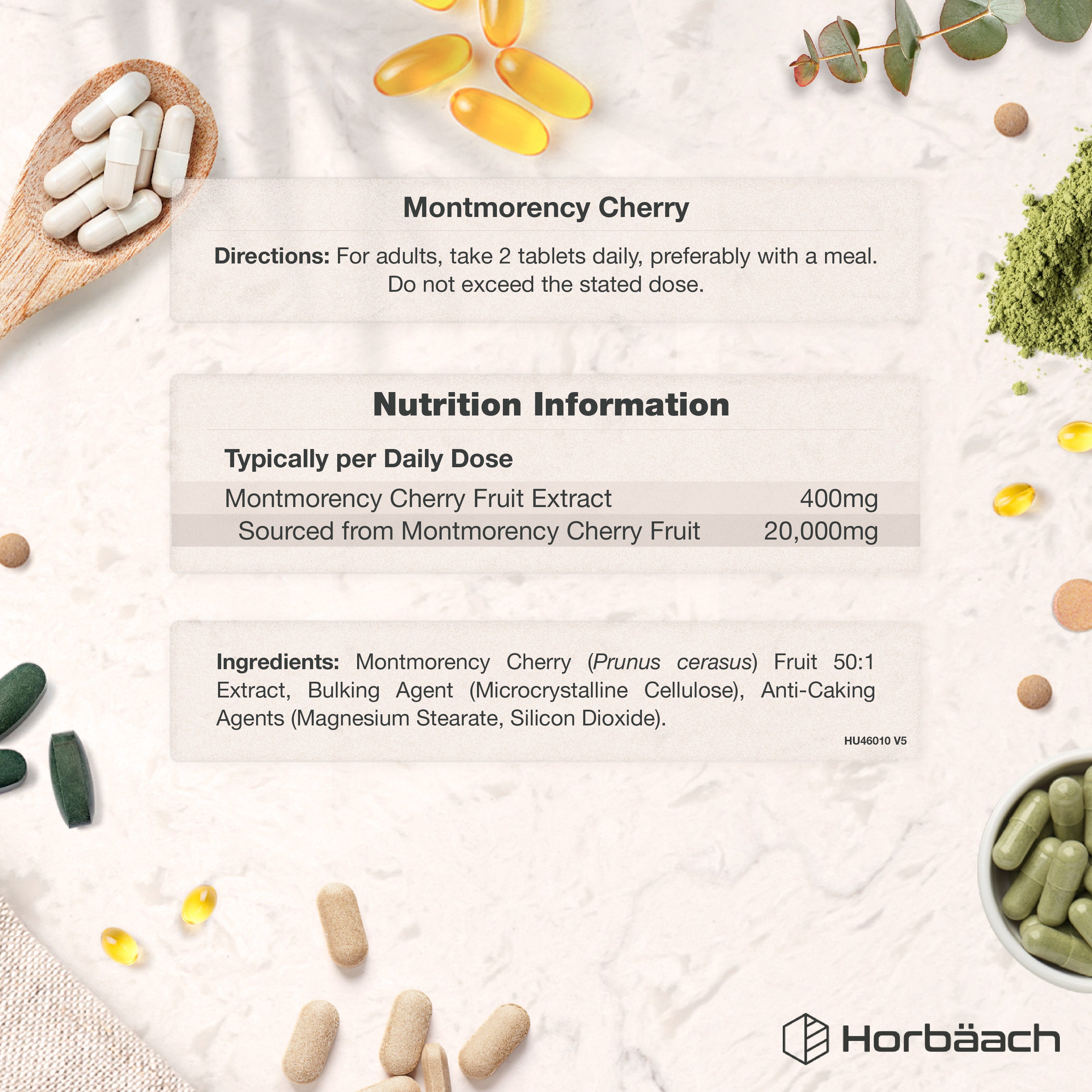 Tablets of Montmorency Cherry 20,000mg with usage directions, nutrition facts, and ingredient details.