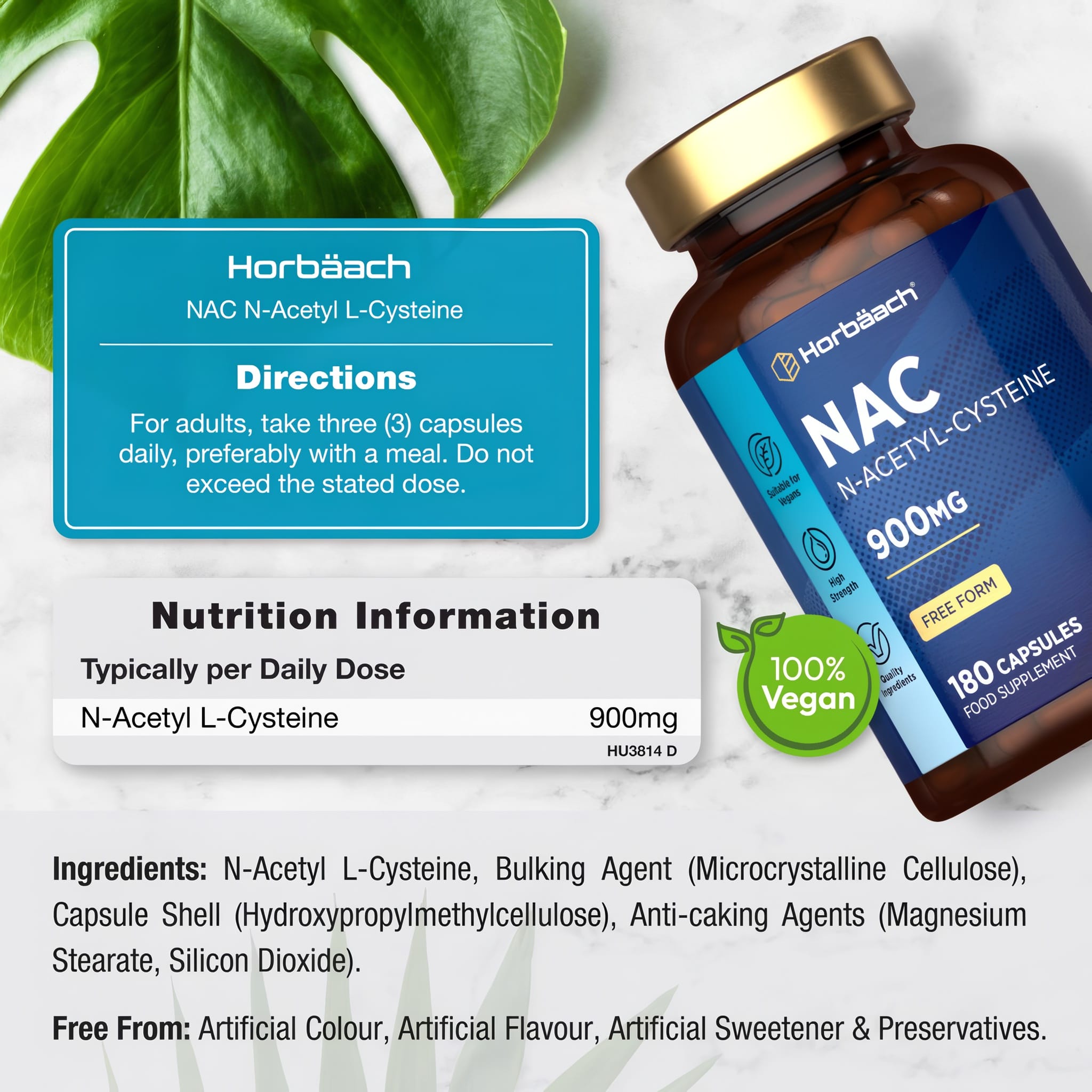 Horbäach NAC bottle with 180 capsules. Take three capsules daily for a total of 900mg of NAC.