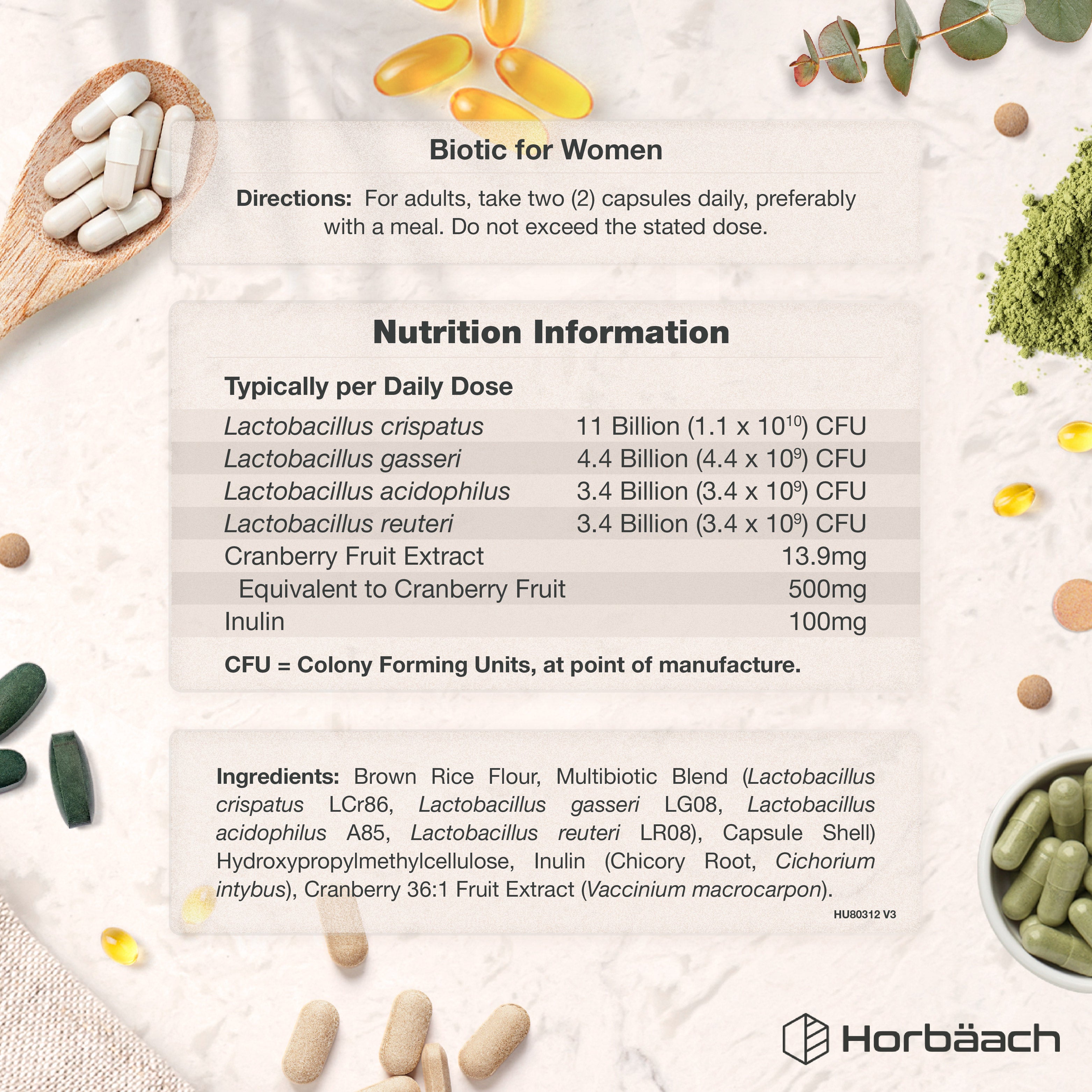 Biotic for Women Nutrition Info showing capsules with a 22.2 Billion CFU probiotic blend, Cranberry, and Inulin.
