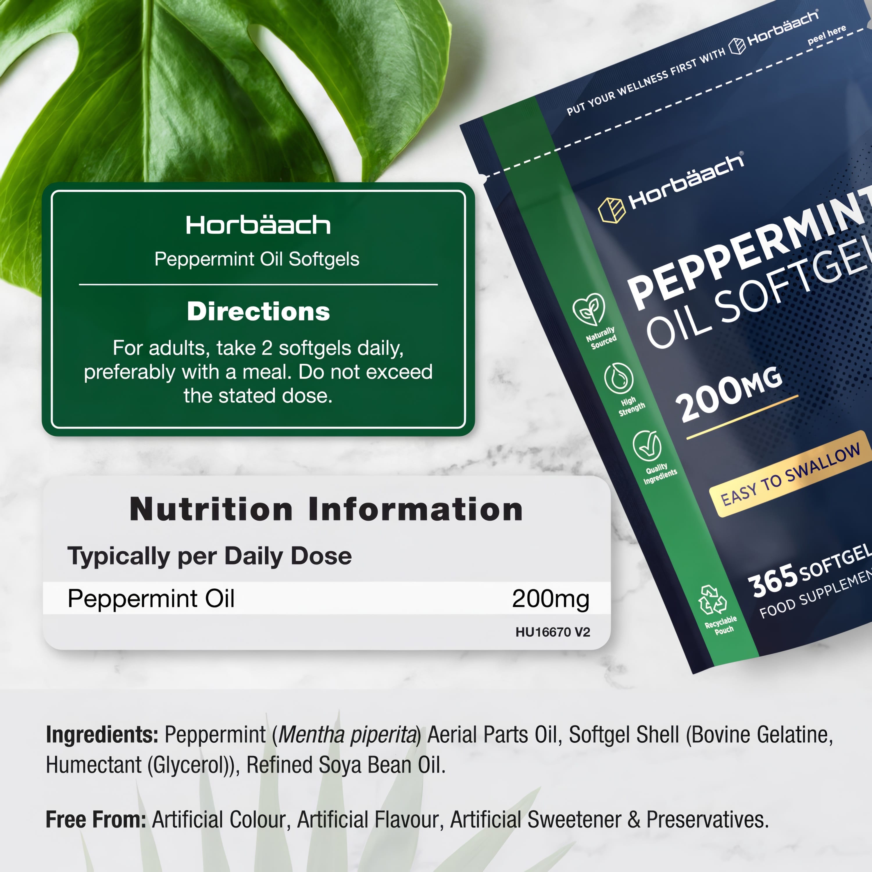 Peppermint Oil 200mg 365 Softgels. Take 2 softgels daily. Free from artificial colors, flavors, sweeteners, and preservatives.