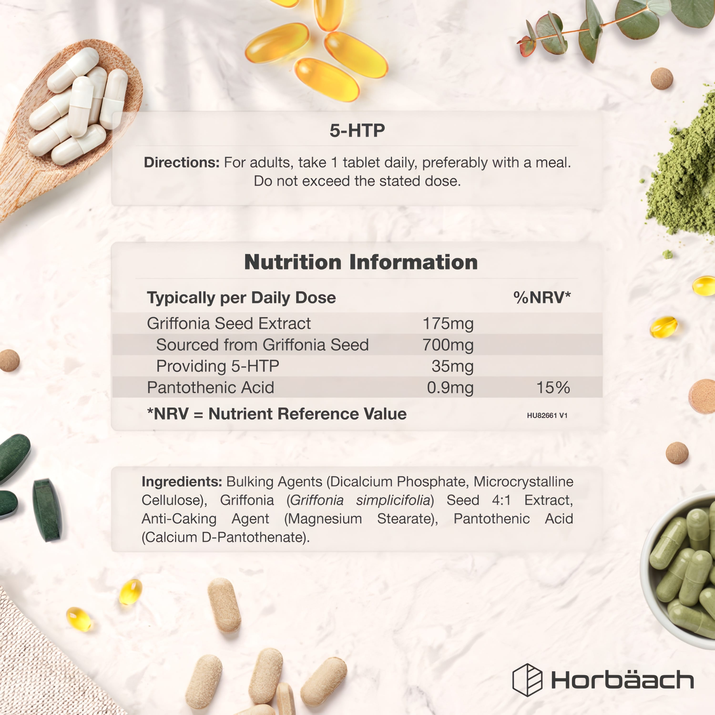 Supplement Facts panel for 5 HTP 700mg with 180 Vegan Tablets.