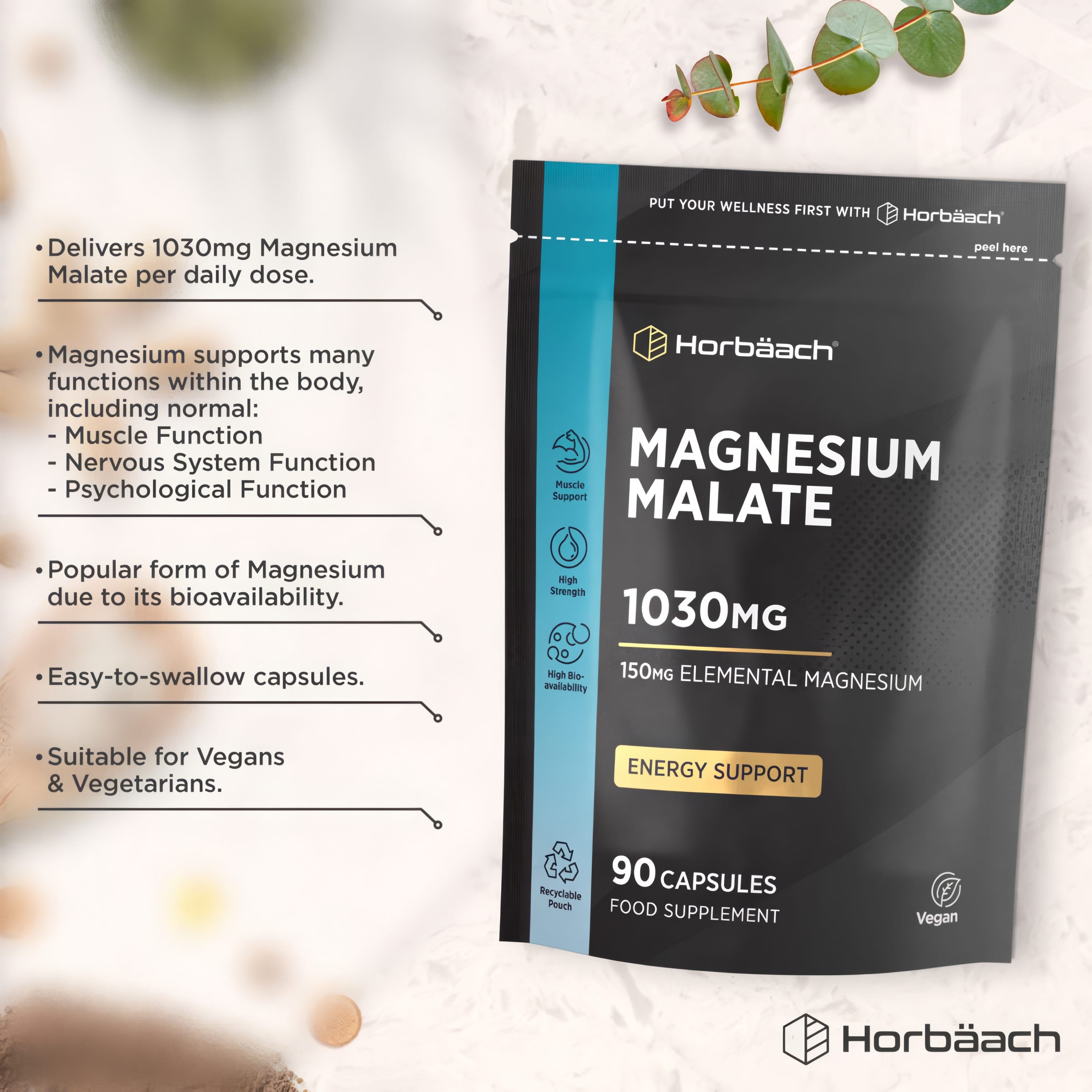 Product highlights graphic stating 1030mg Magnesium Malate, supports muscle, nerve, psychology, bioavailable, easy-swallow caps, Vegan/Veg.