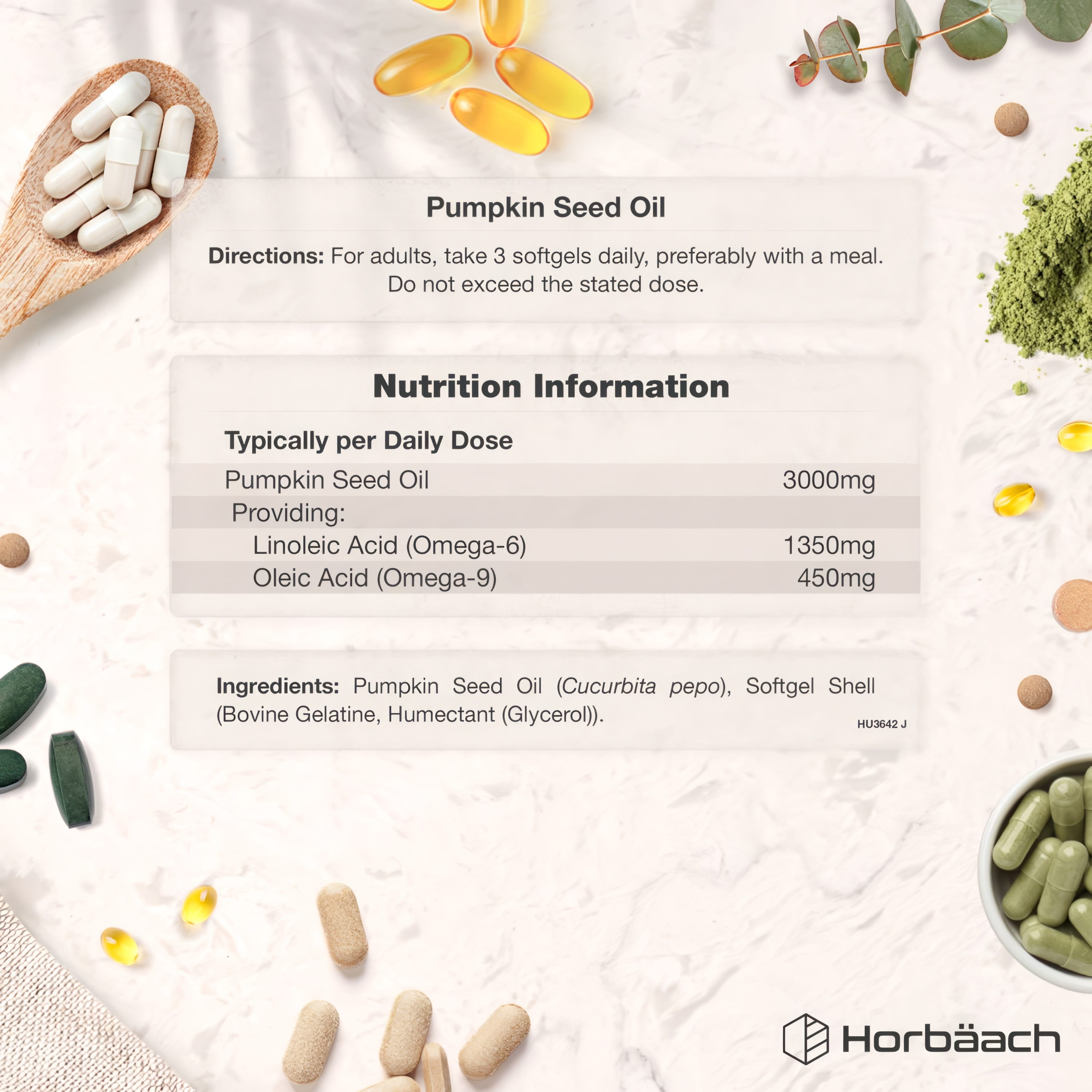 Supplement Facts panel displaying information for Pumpkin Seed 3000mg with 200 Softgels.