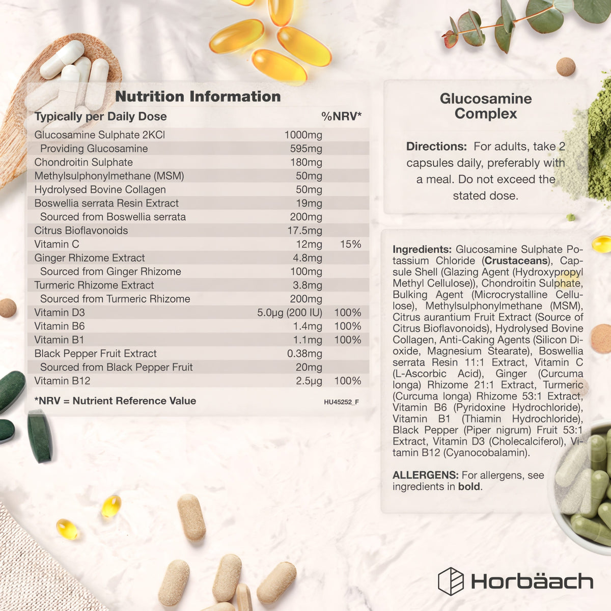 HU Glucosamine, Chrondroitin, MSM & Boswellia Capsules image: nutrition facts, directions, ingredients, and allergens listed.