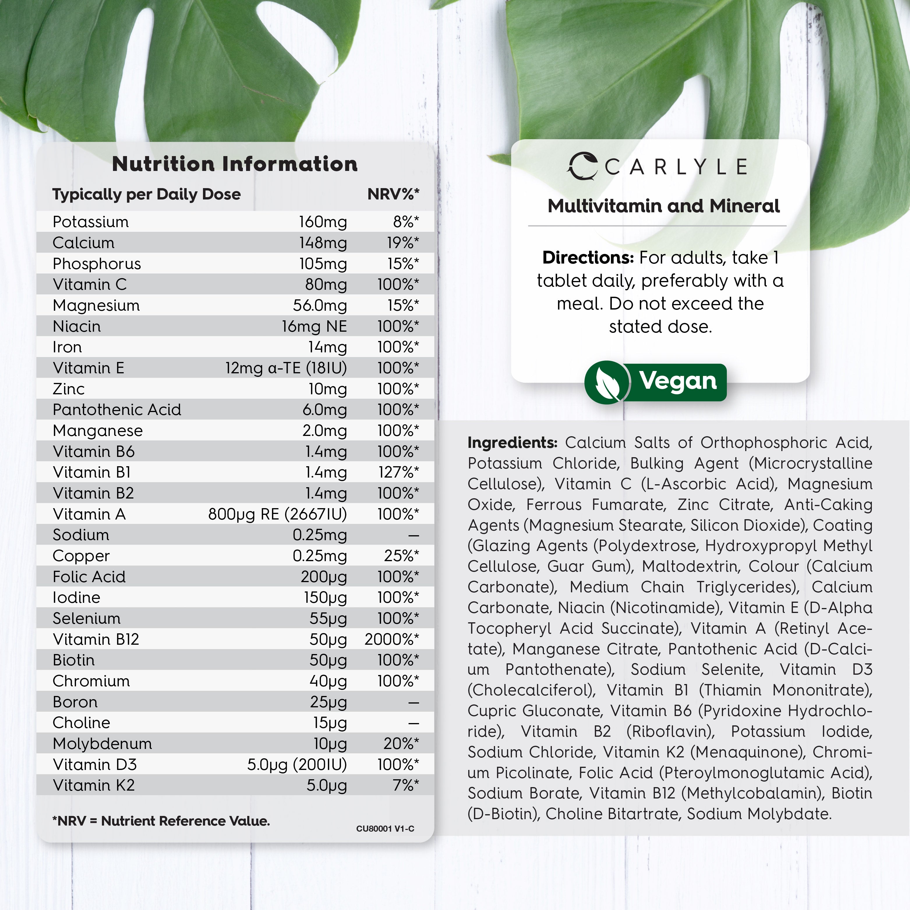 Supplement Facts panel for CU Multivitamin & Mineral 365 Vegan Tablets showing ingredients and nutritional information.