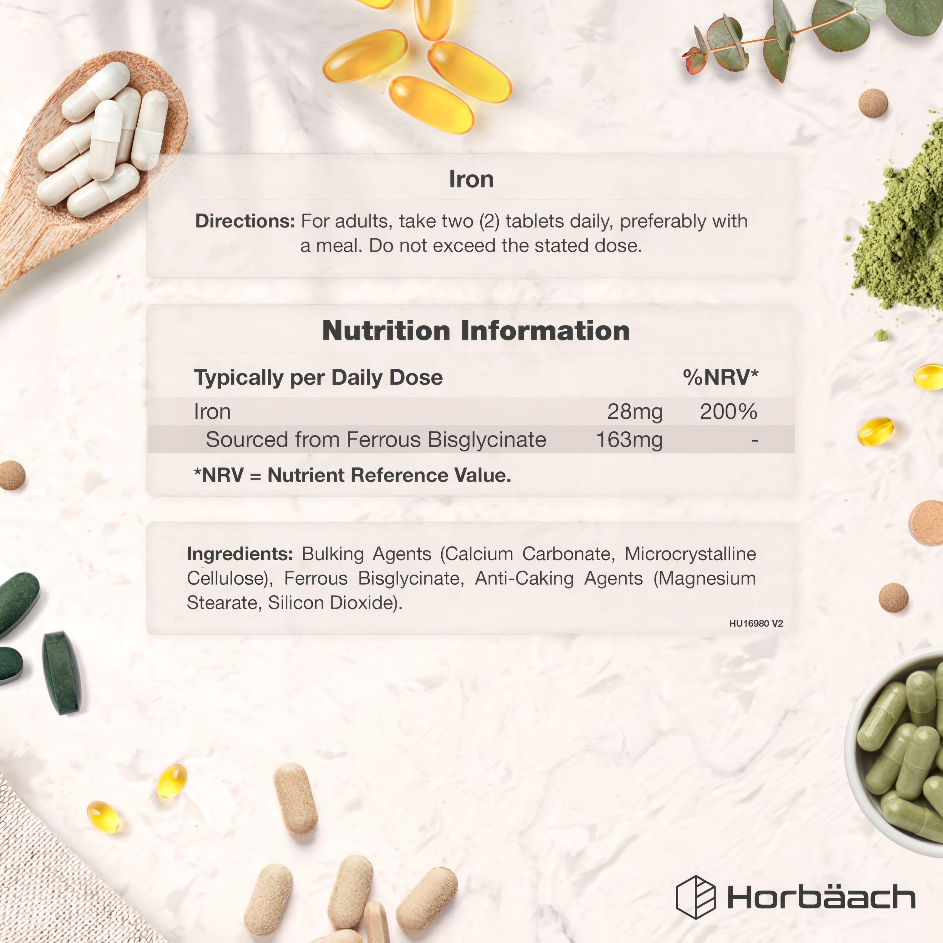 Supplement Facts panel for Iron Bisglycinate 28mg in a bottle of 500 vegan tablets.