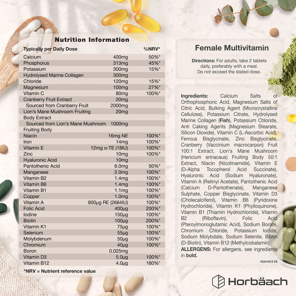 Supplement Facts panel for HU Women's Multivitamin & Mineral 120 Vegetarian Tablets.