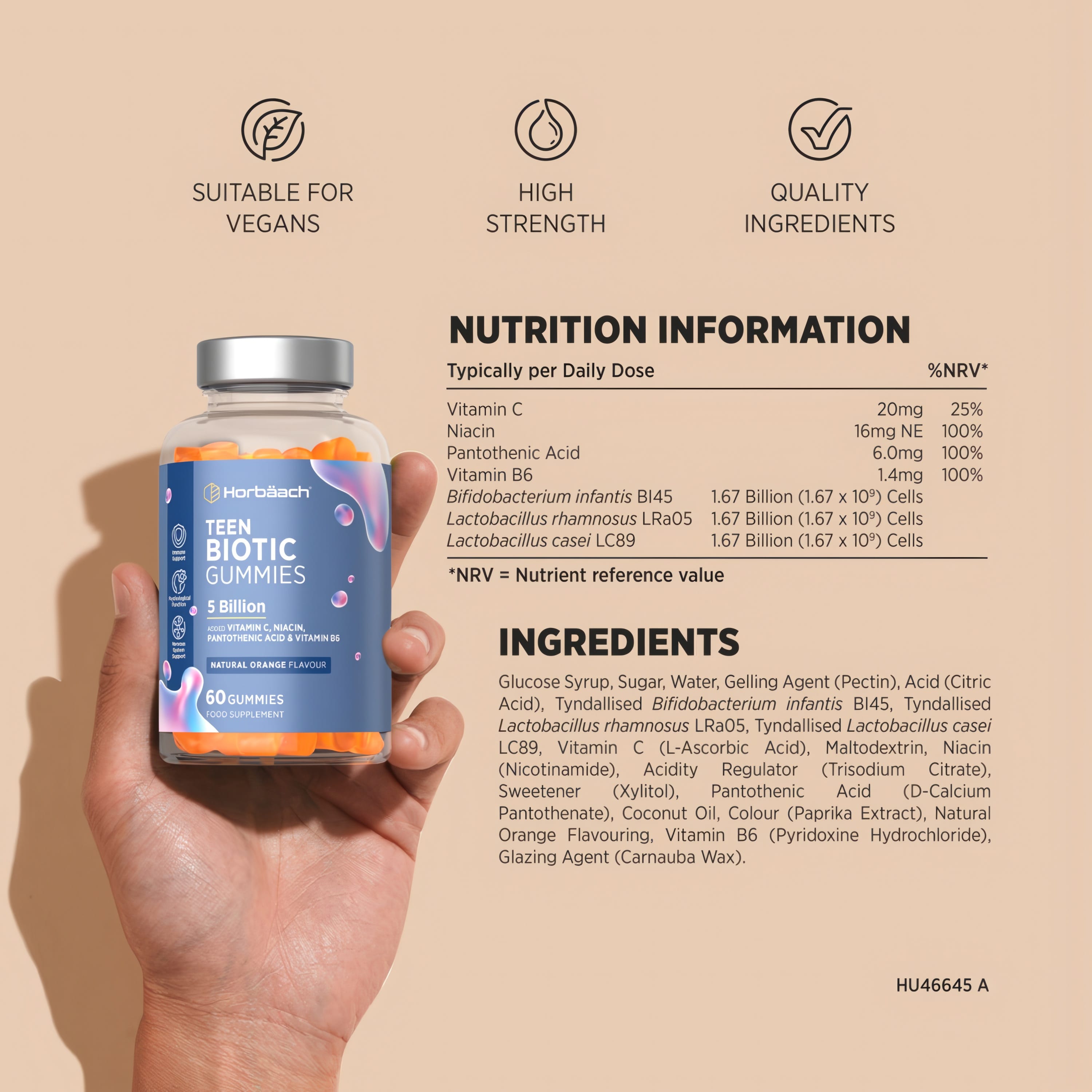 HU Biotic 5 Billion High Strength for Teens: 60 vegan gummies, natural orange flavor. See nutrition and ingredients.