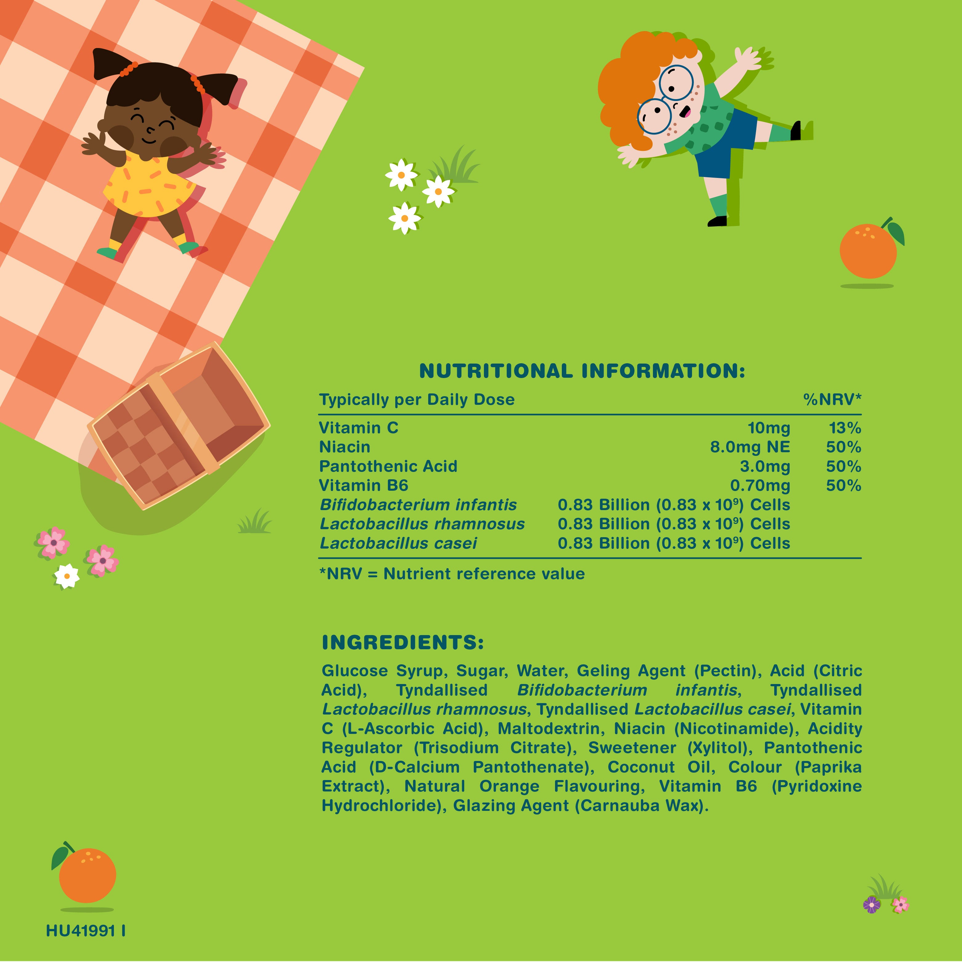 HU Kids Happy Gut Vegan Gummies bottle showing nutritional facts and ingredients.