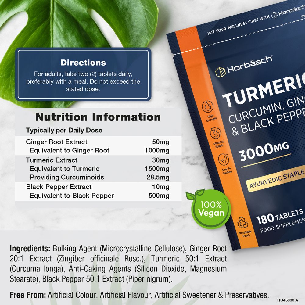 Turmeric, Ginger & Black Pepper 3000mg, 180 Vegan Tablets with nutrition info and usage directions visible.