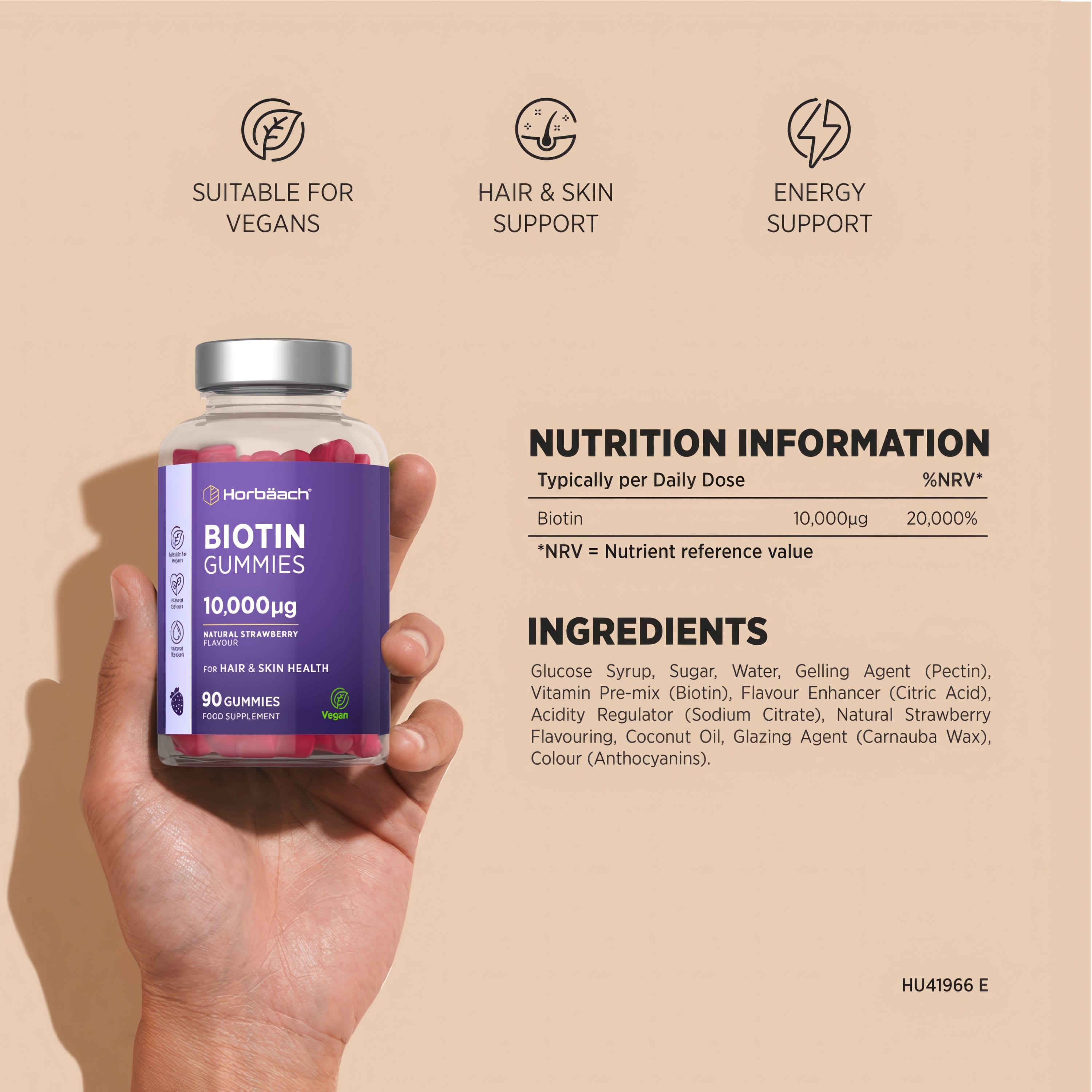 HU Biotin 10000ug 90 Vegan Gummies, natural strawberry flavor, for hair and skin health, suitable for vegans, energy support.