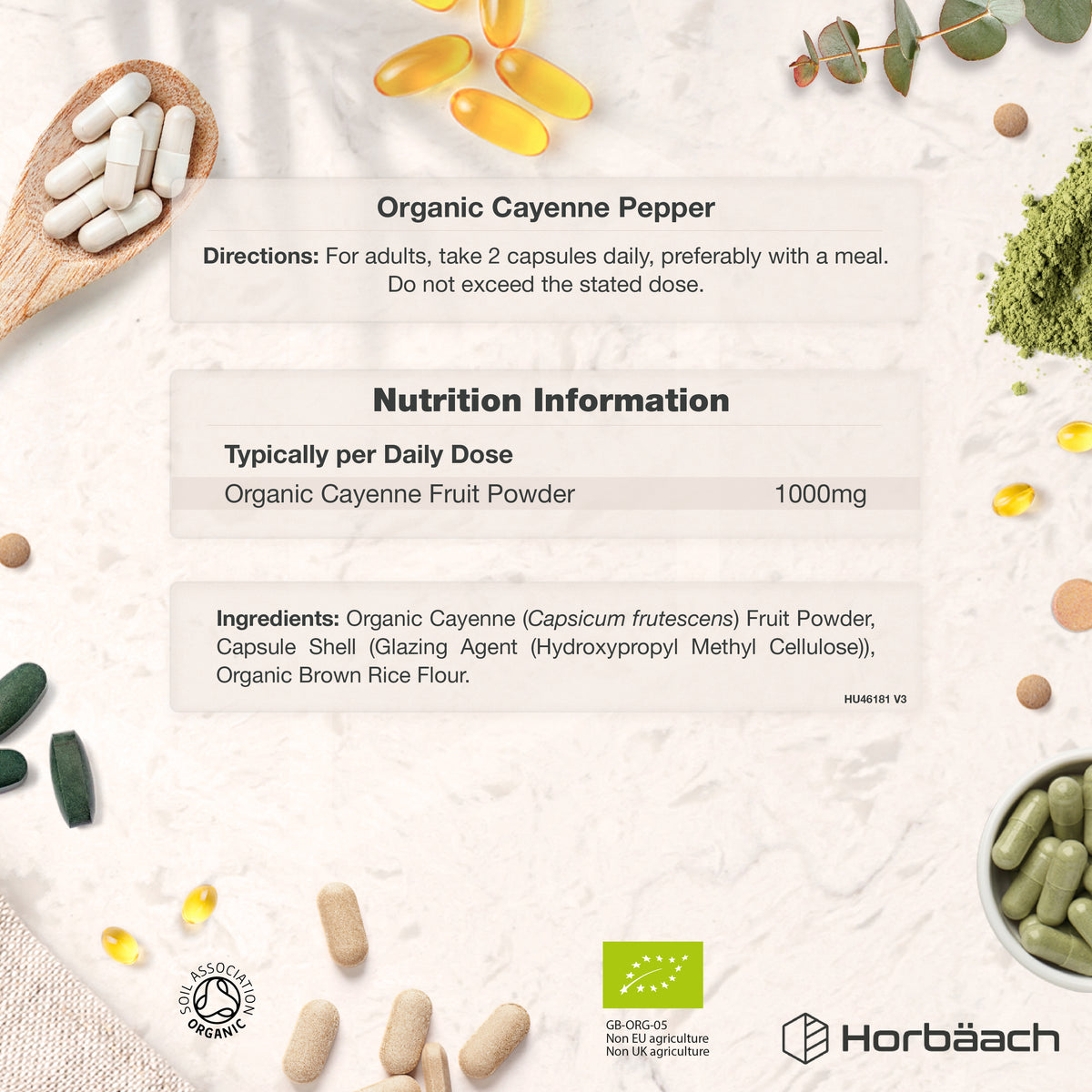 Infographic showing Organic Cayenne Pepper details: 2 capsules daily, 1000mg Organic Cayenne Fruit Powder, Organic certified.