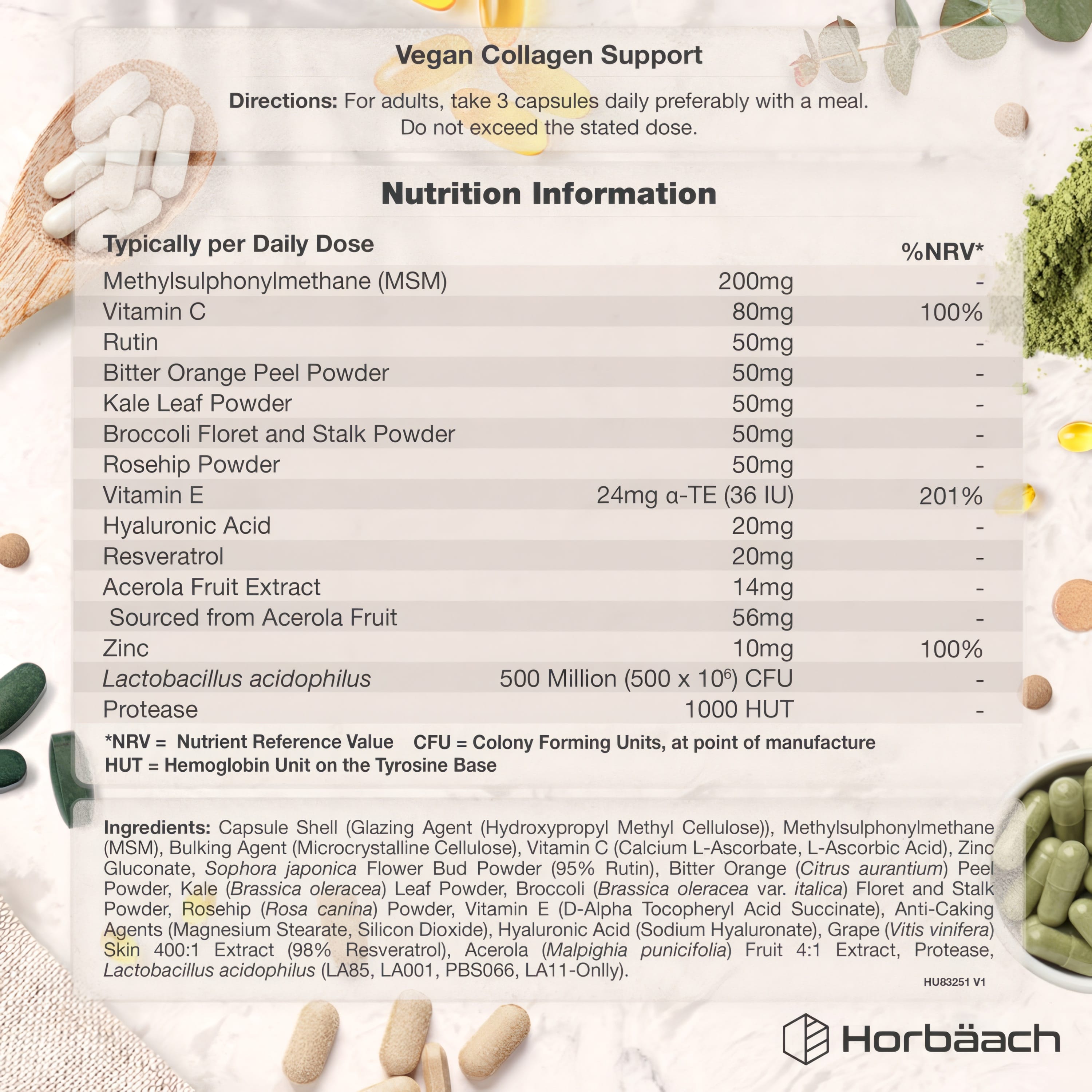 HU Vegan Collagen Complex Supplement Facts panel displaying nutritional information and ingredients.