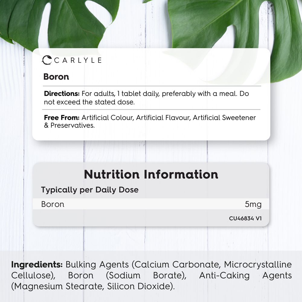 Information card showing directions '1 tablet daily' and nutrition information listing 'Boron 5mg'.
