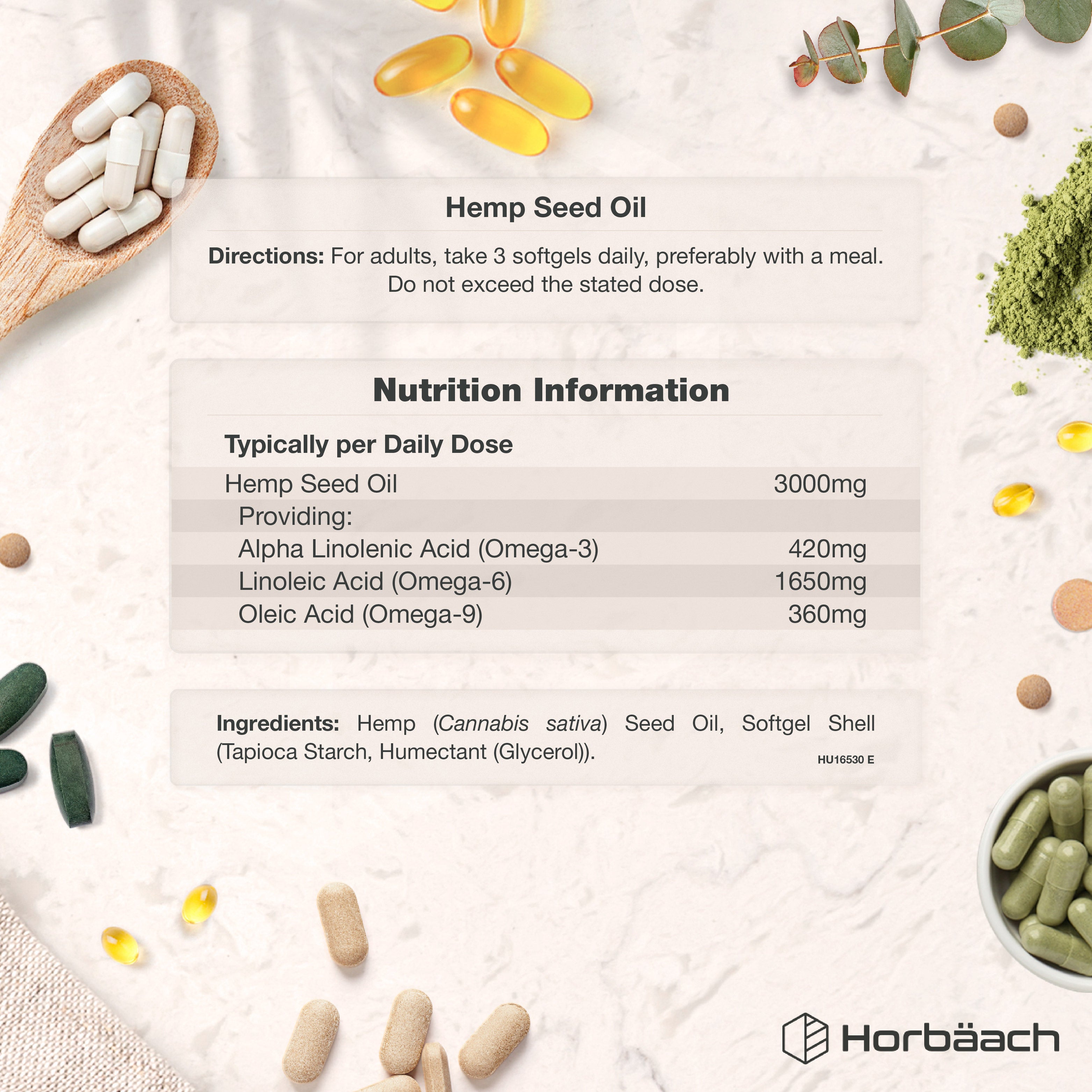 Hemp Seed Oil 3000mg Softgels containing Omega-3, Omega-6, and Omega-9 fatty acids for health benefits.