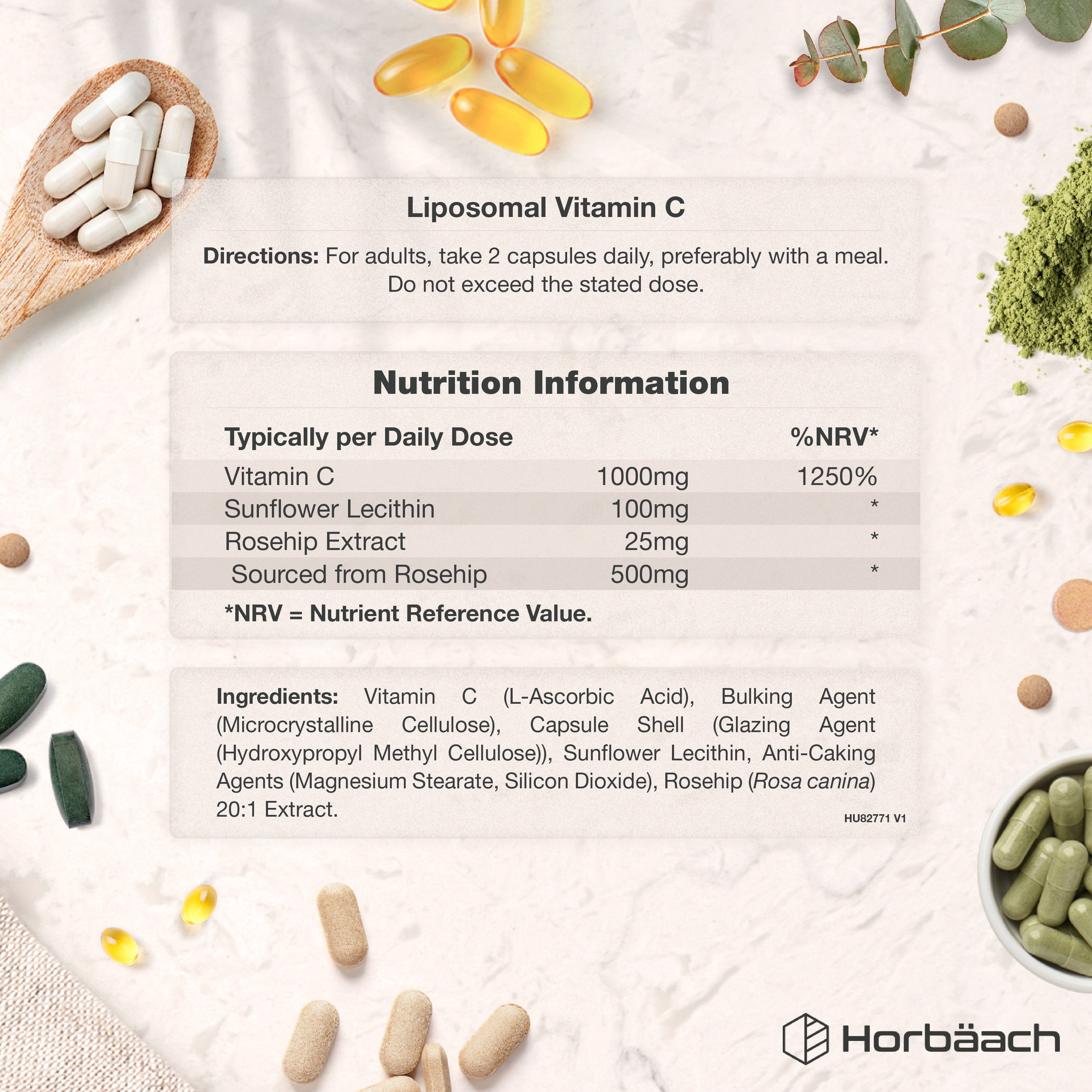 Liposomal Vitamin C 1000mg with Sunflower Lecithin and Rosehip. Label displays nutritional facts and ingredient details.