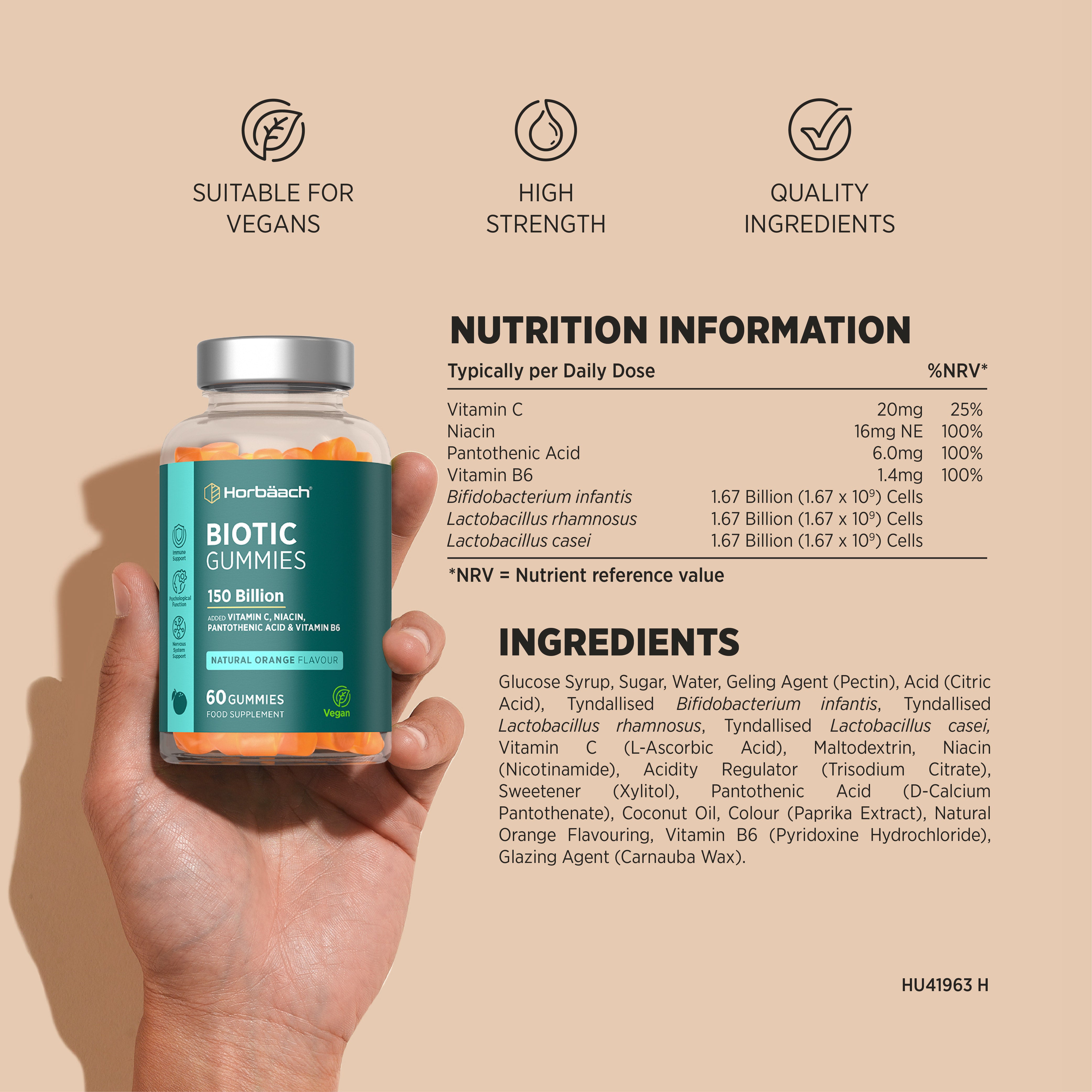 HU Happy Gut 60 Vegan Gummies bottle with orange gummies, 150 Billion Biotics, Vitamin C, Niacin, Pantothenic Acid, Vitamin B6.