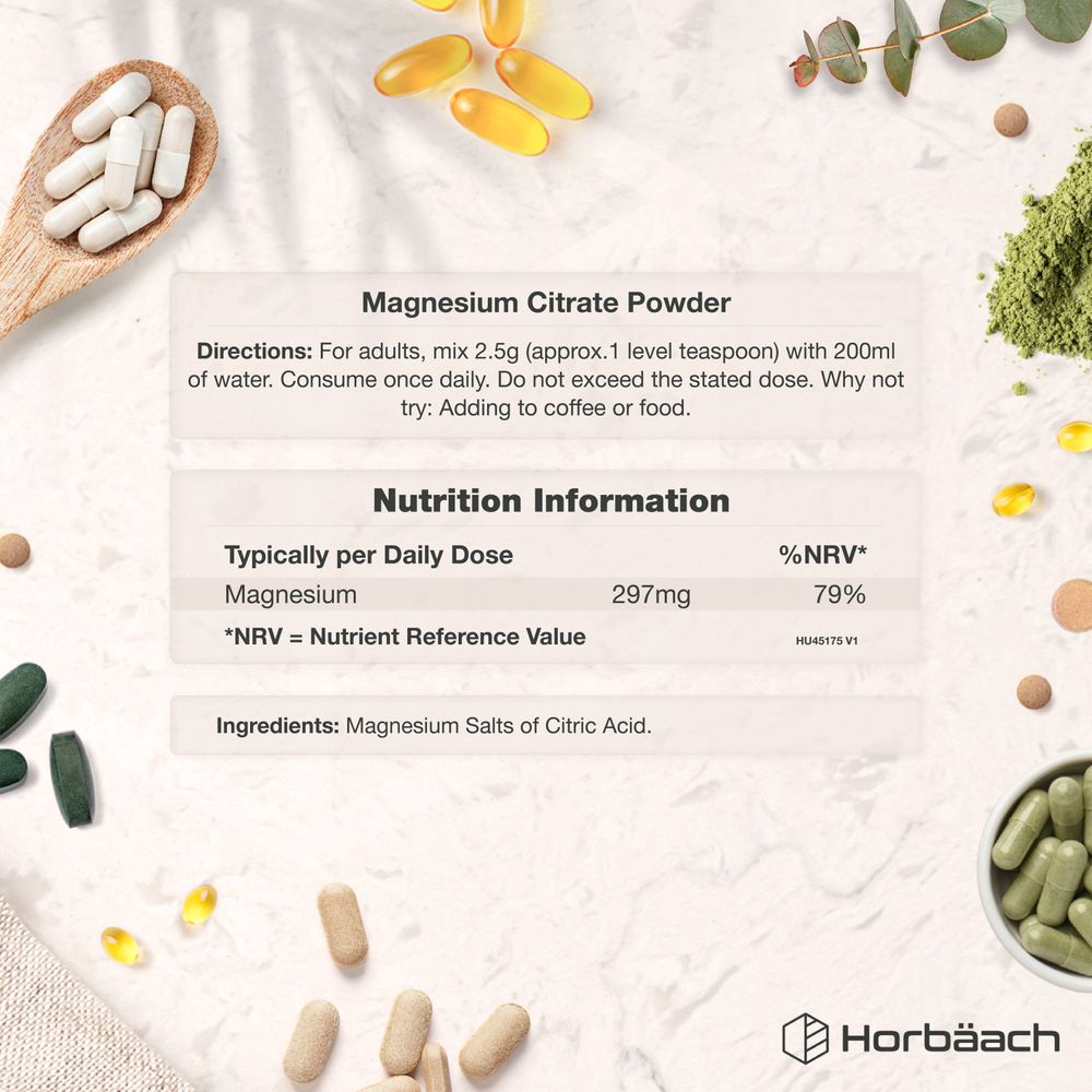 Magnesium Citrate Powder: Directions, Nutrition Info (297mg Magnesium, 79% NRV), Ingredients: Magnesium Salts of Citric Acid.