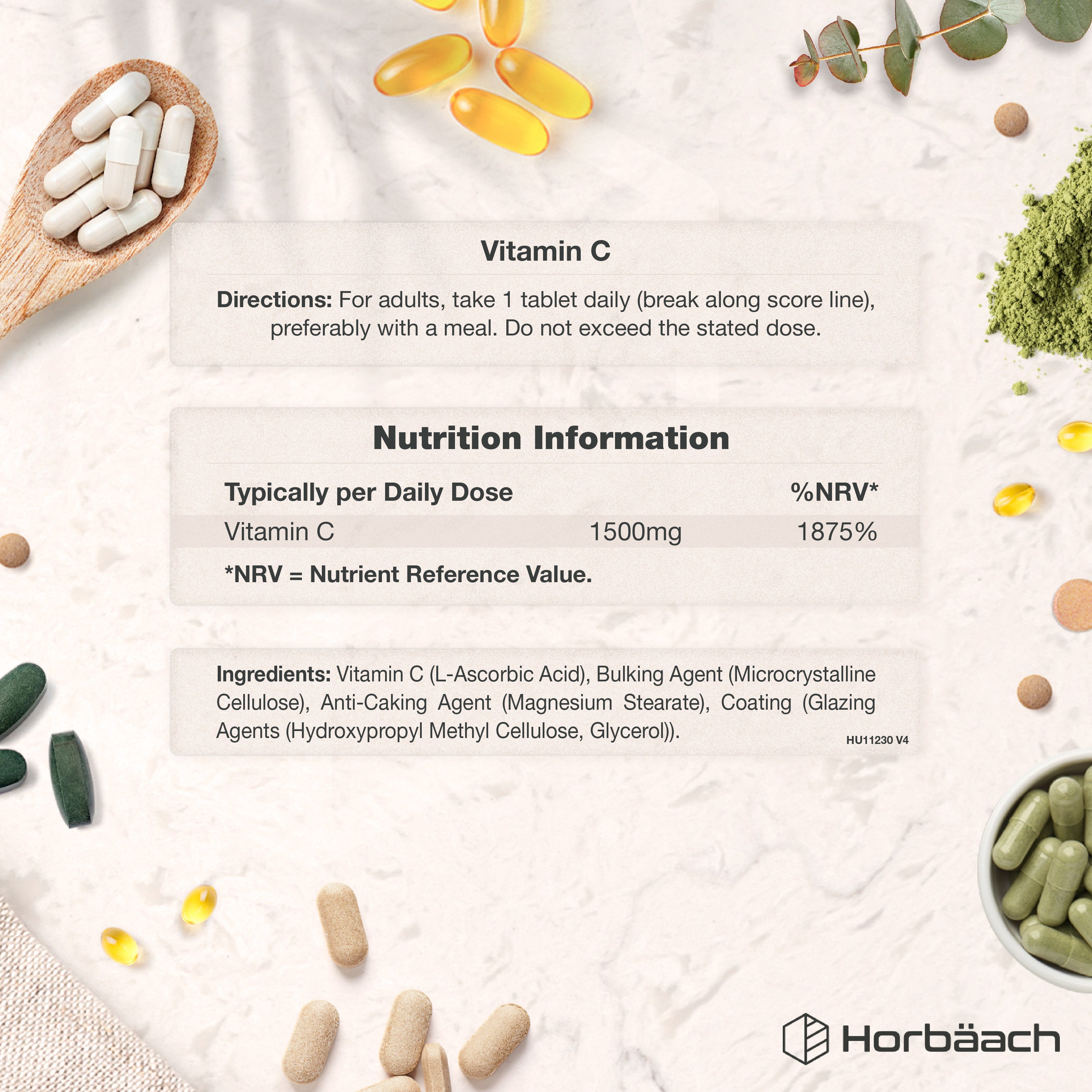 Vitamin C 1500mg product panel with directions, nutrition facts, and ingredients for tablets.