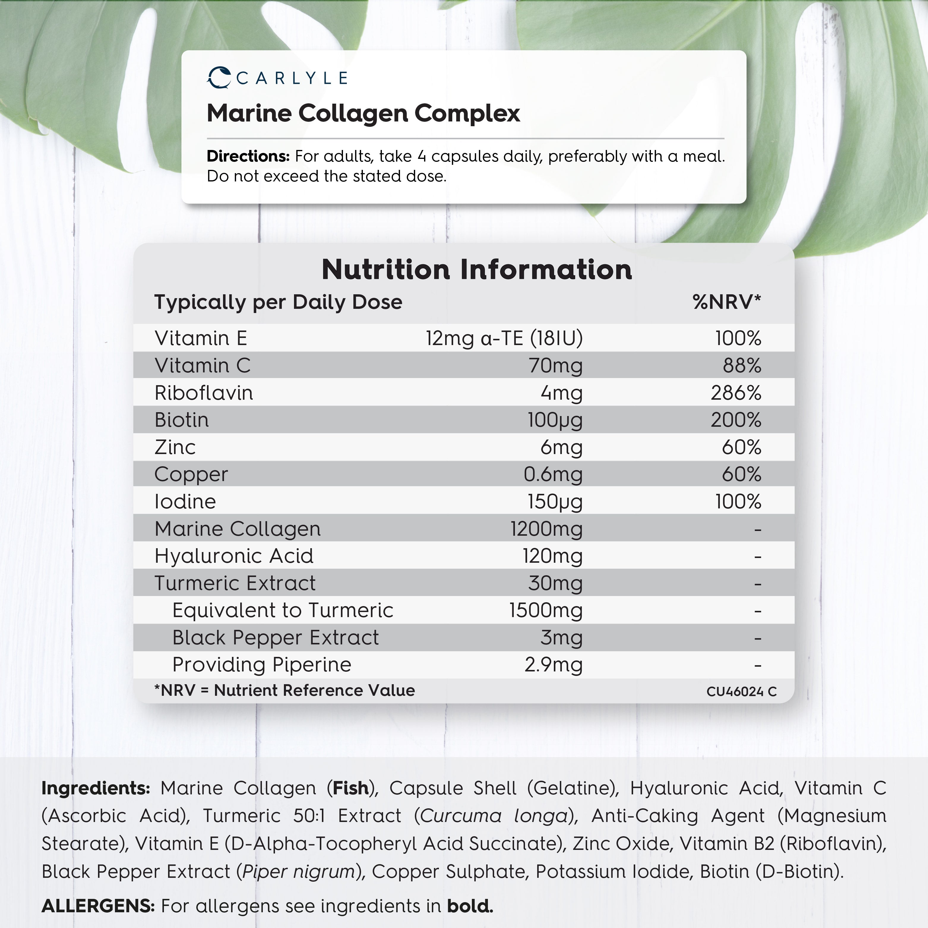 Graphic for Carlyle Marine Collagen Complex showing directions, nutrition facts, ingredients, and allergen information.