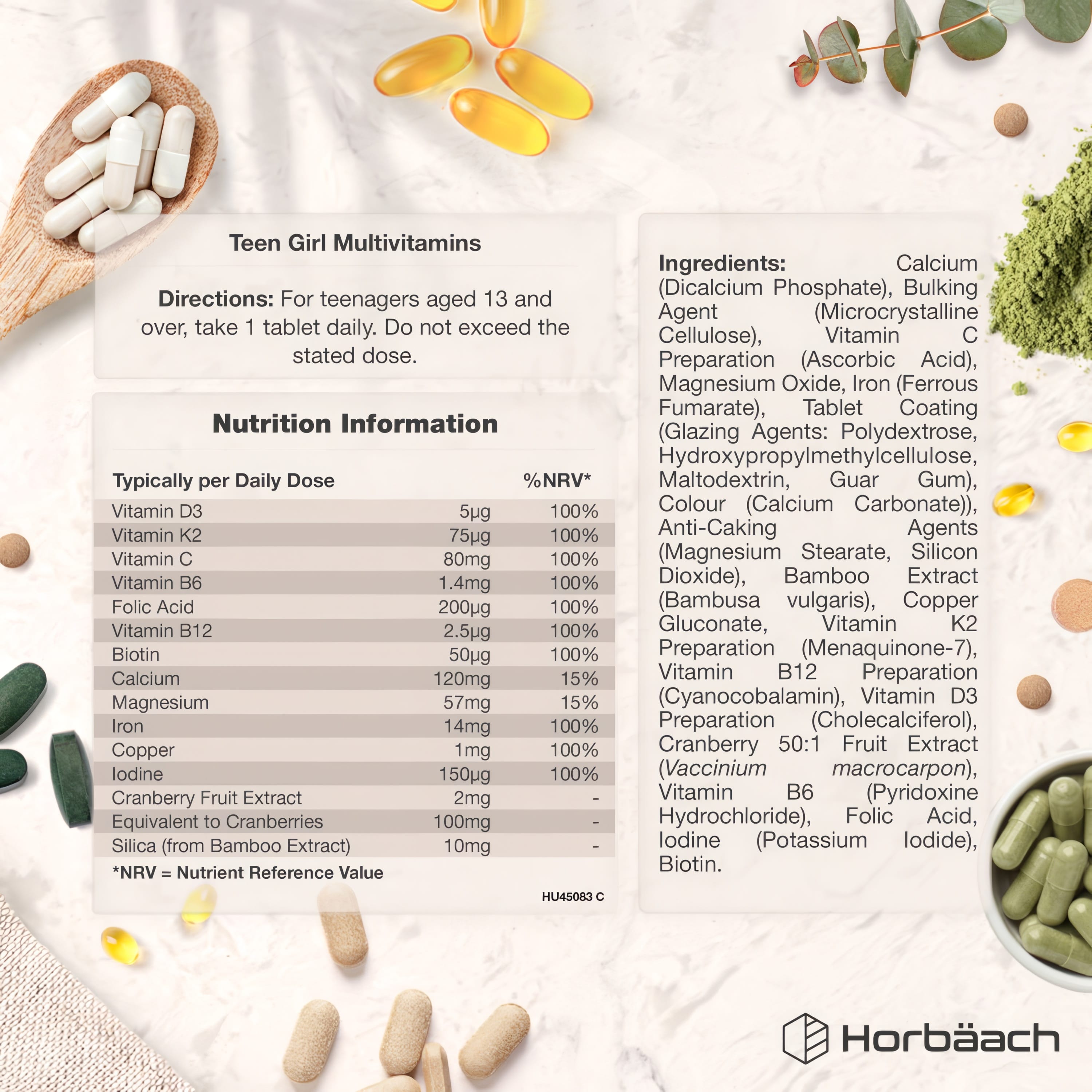 Supplement Facts panel for Teen Girl Multivitamin Complex 120 Tablets.