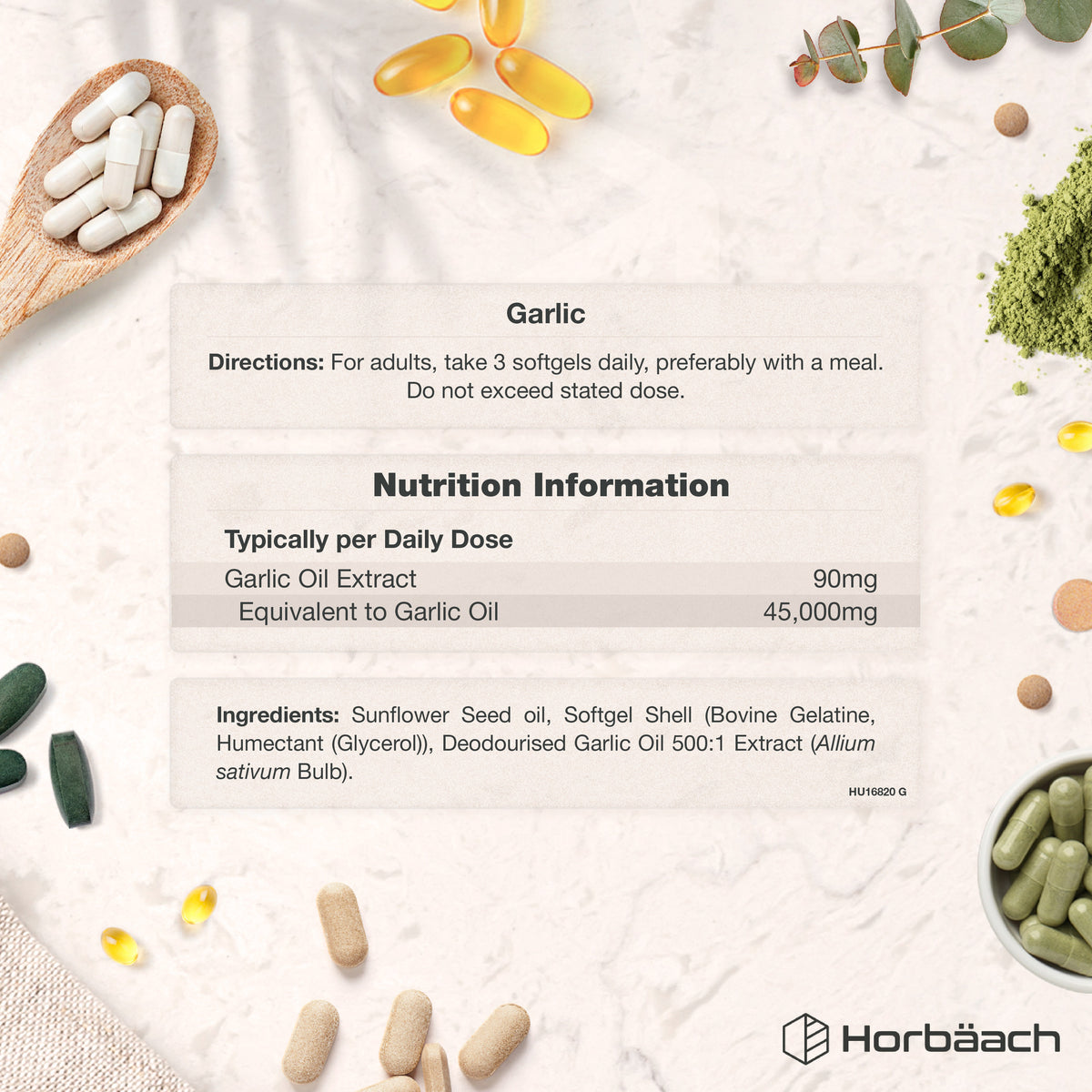 Supplement Facts for Odourless Garlic 45000mg with 180 Softgels.