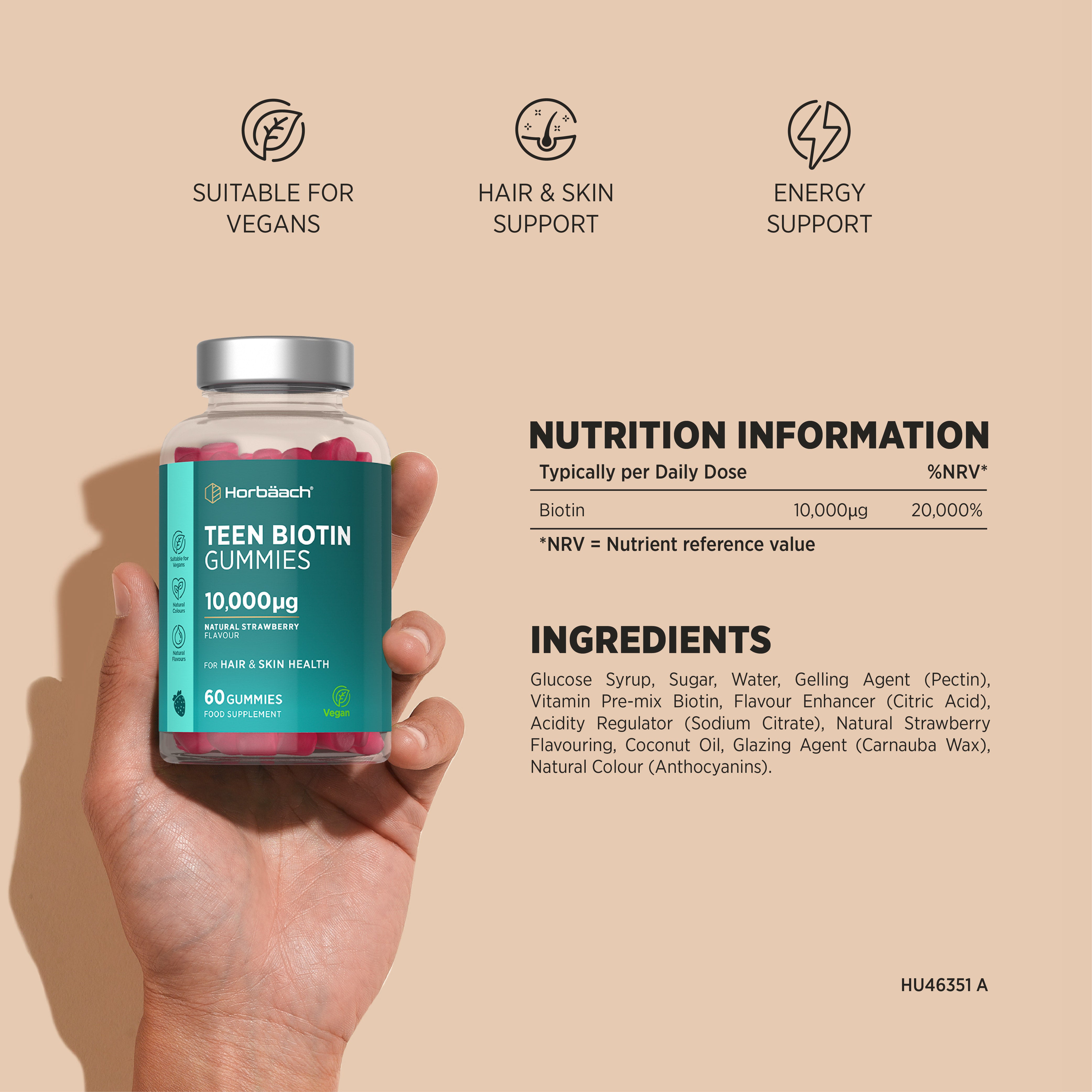 Horbäach Teen Biotin 10,000µg, 60 vegan gummies with natural strawberry flavor.