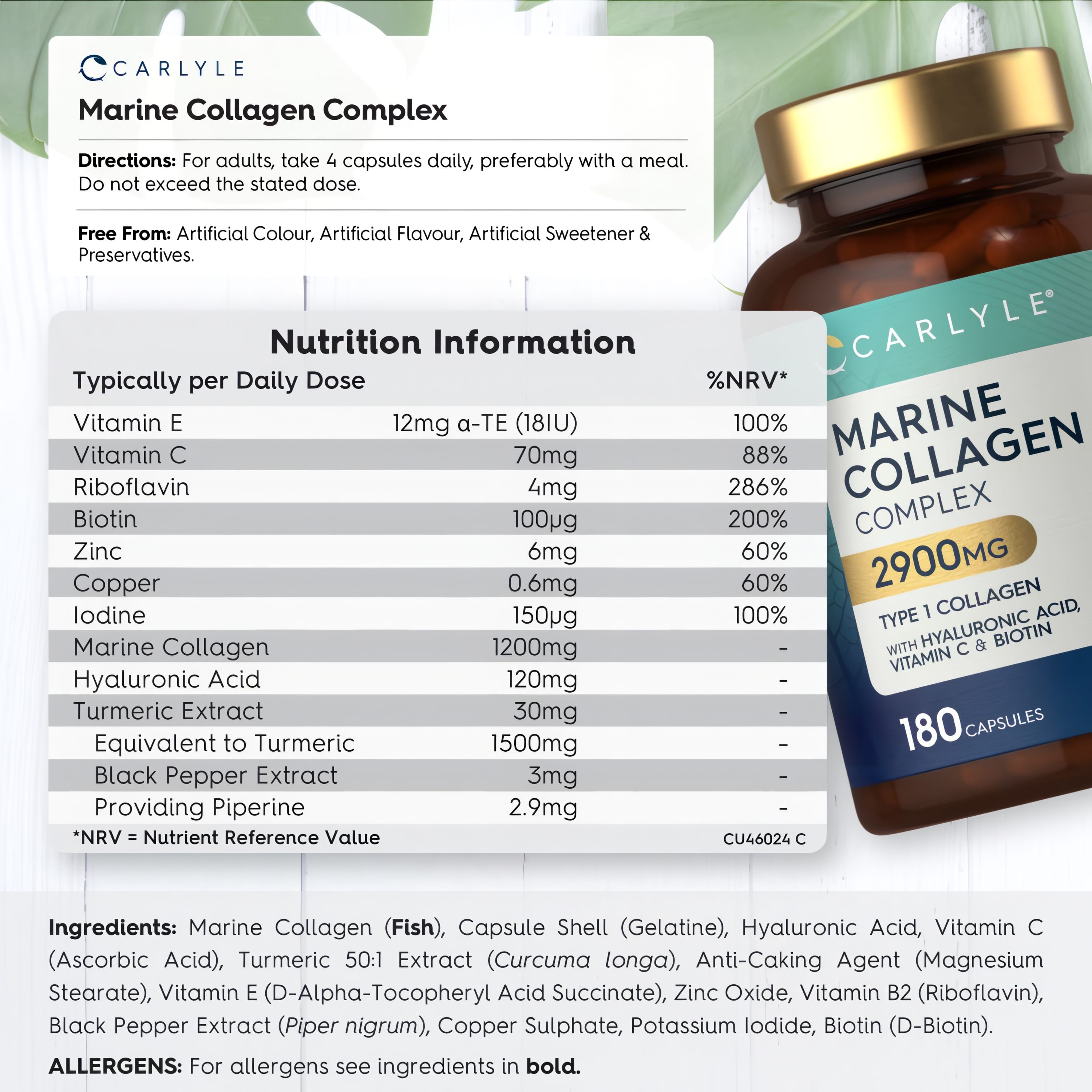 Supplement Facts panel detailing Marine Collagen Complex, 2900mg per serving with 180 capsules included.