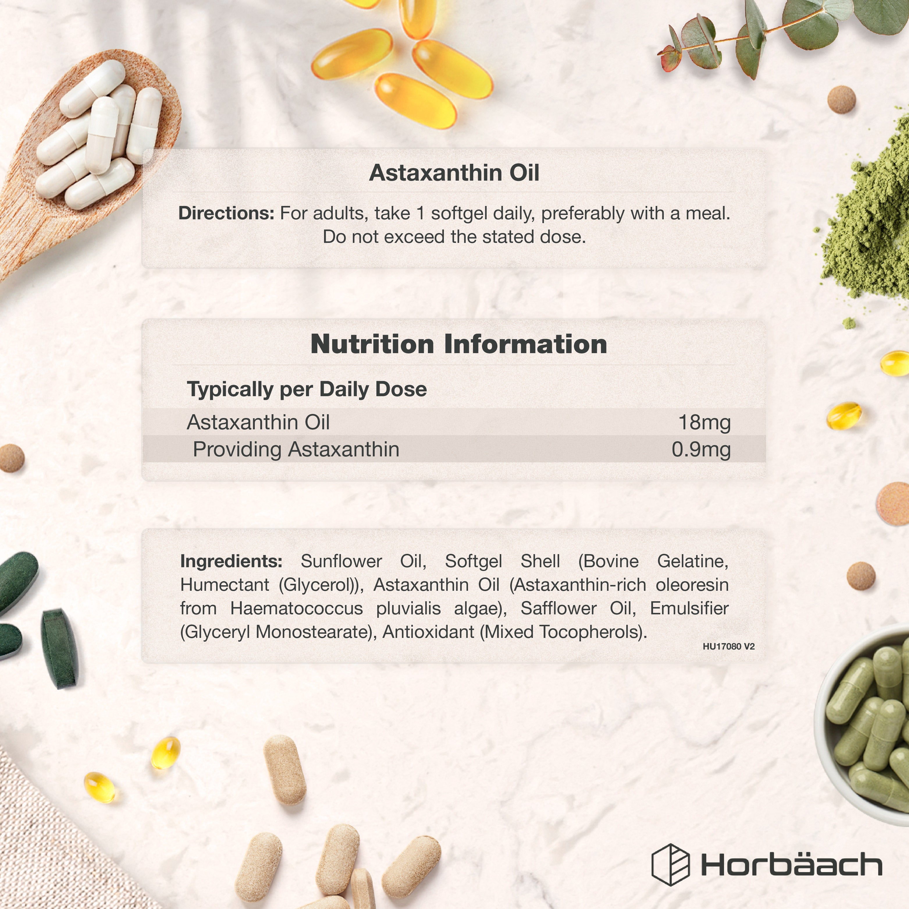 Yellow Astaxanthin Oil 18mg softgels with directions, nutrition info, and ingredients shown clearly.