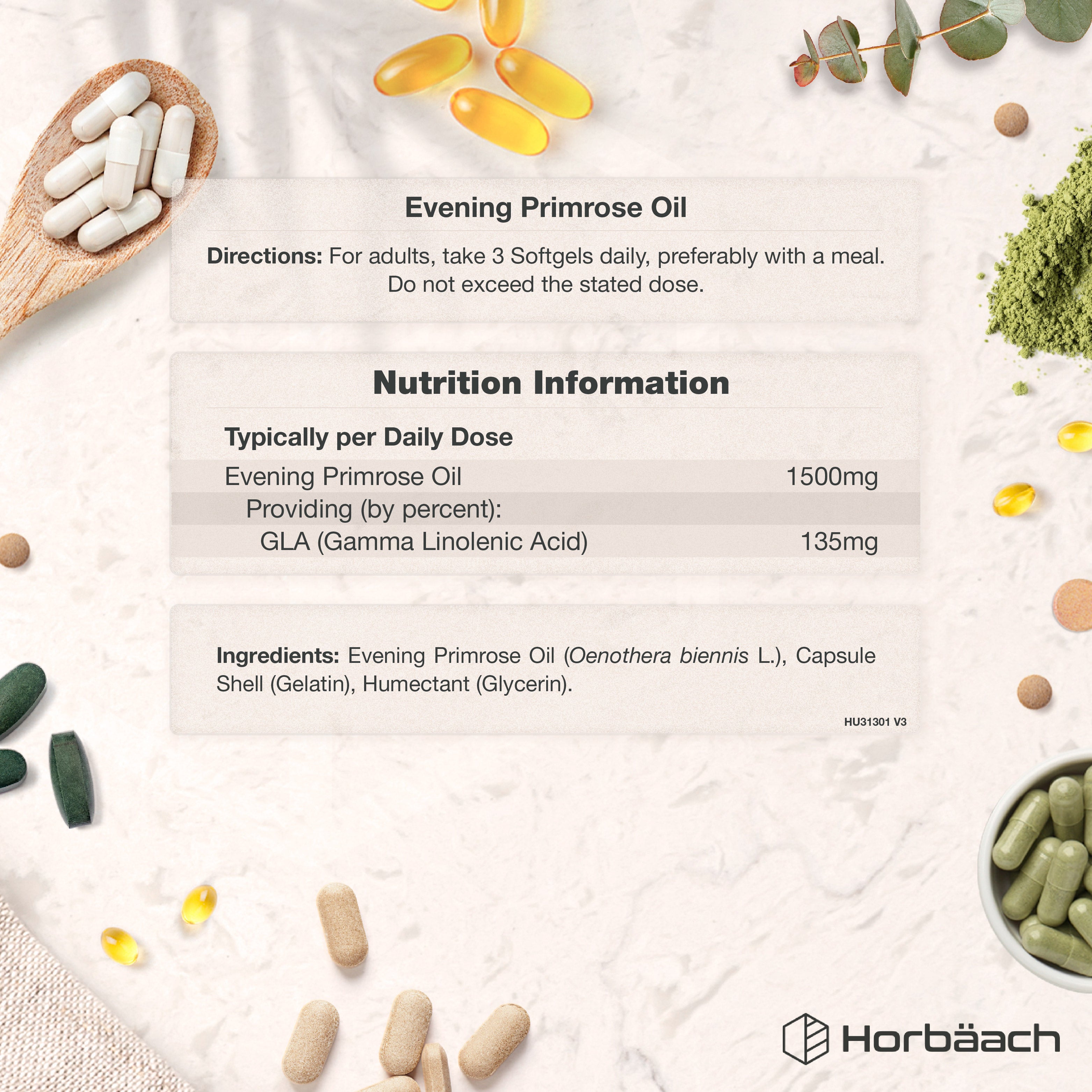 Evening Primrose Oil 1500mg softgels with directions, nutritional info, and ingredients displayed.