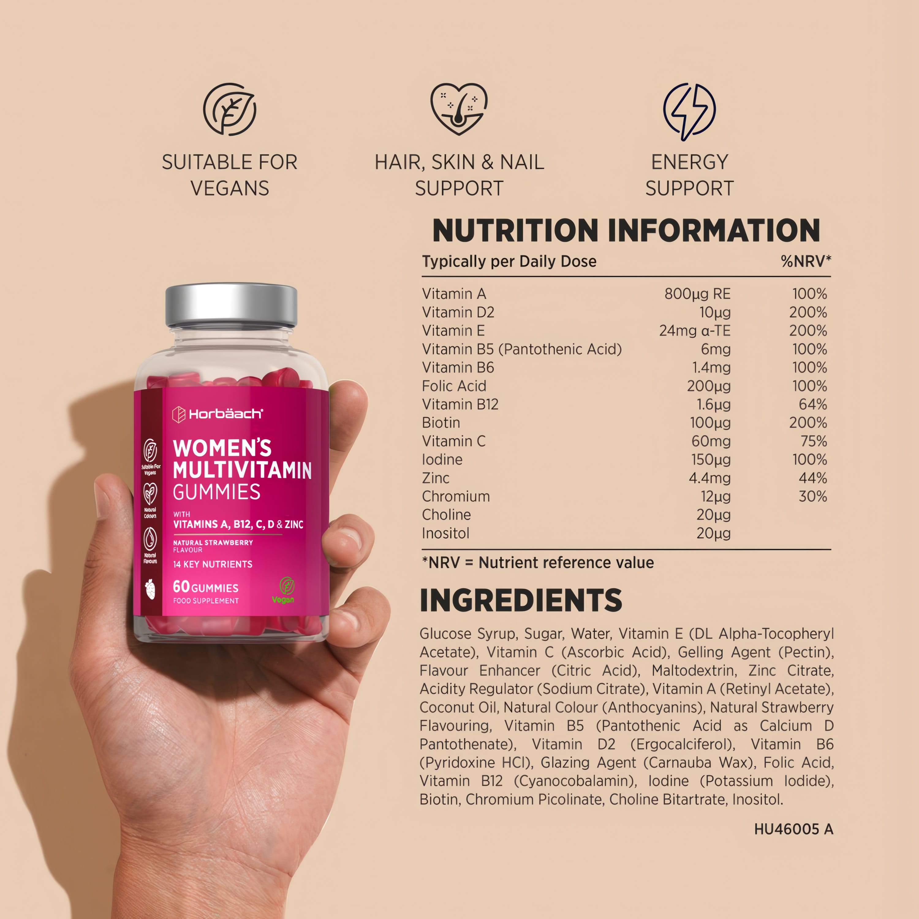 Horbäach Women's Multivitamin offers 60 vegan strawberry gummies for hair, skin, nail, and energy support.