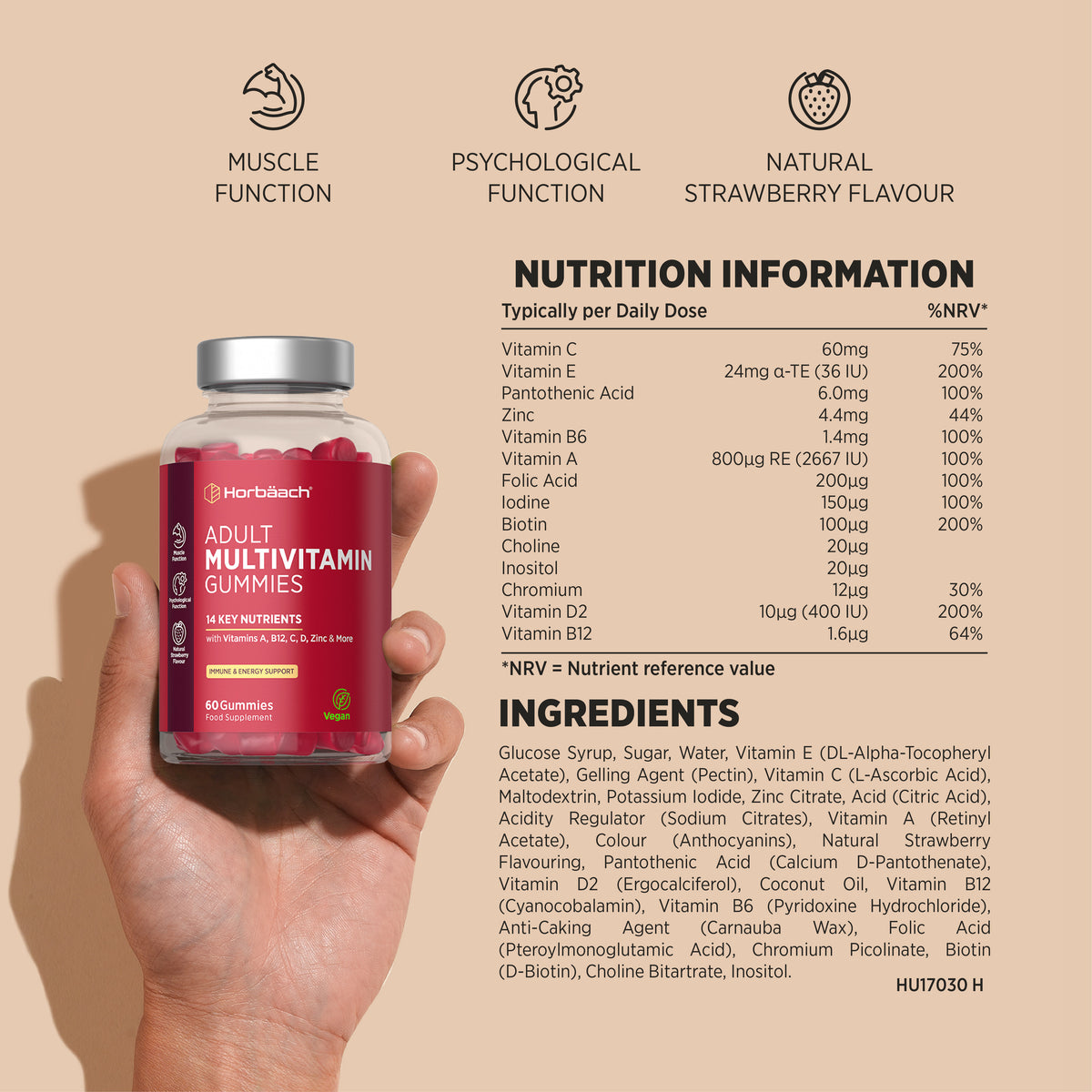 Horbäach Adult Multivitamin 60 Vegan Gummies bottle, Natural Strawberry Flavor, with nutrition and ingredients information.