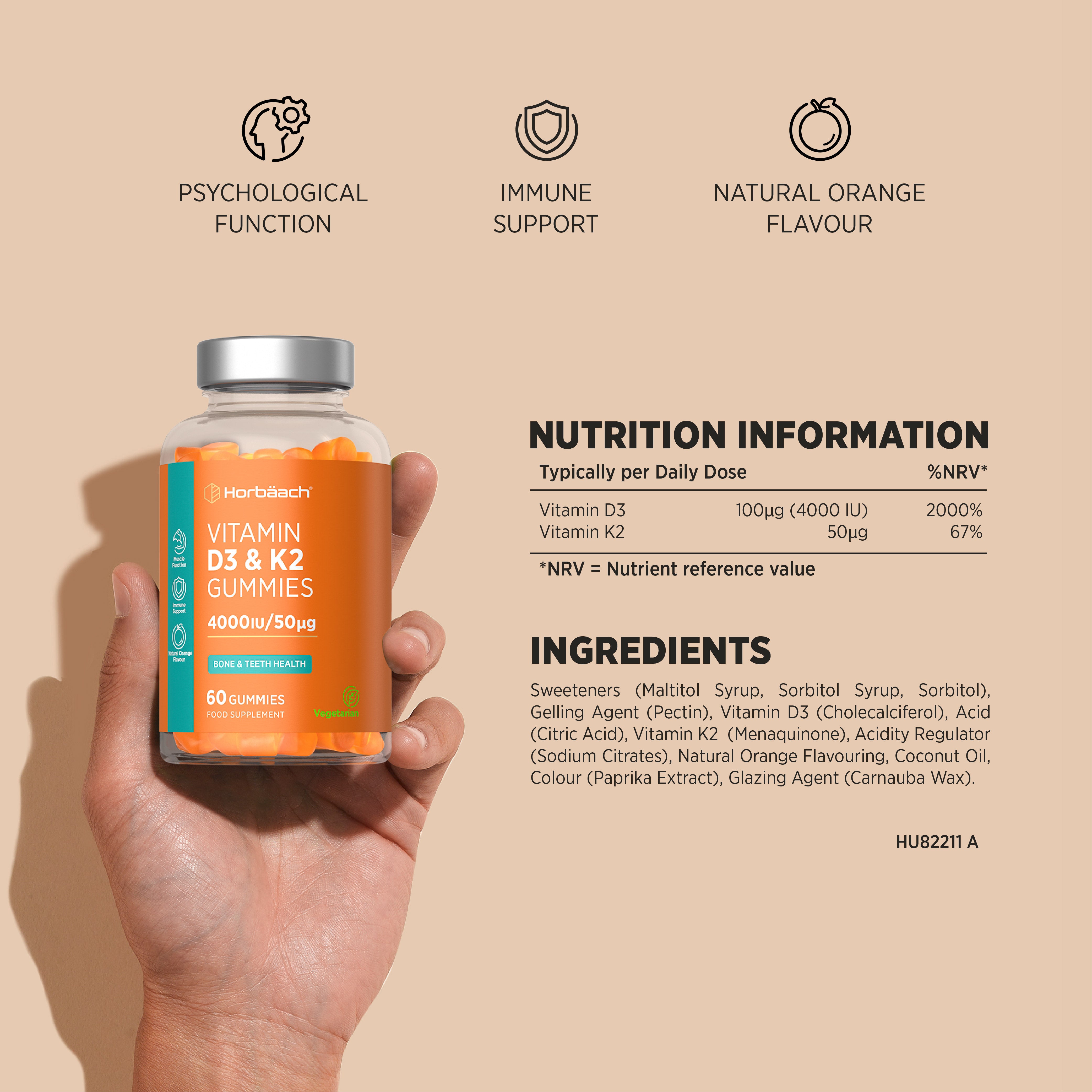 Horbäach Vitamin D3 & K2 Gummies, 4000IU/50µg, 60 count, Vegetarian food supplement.