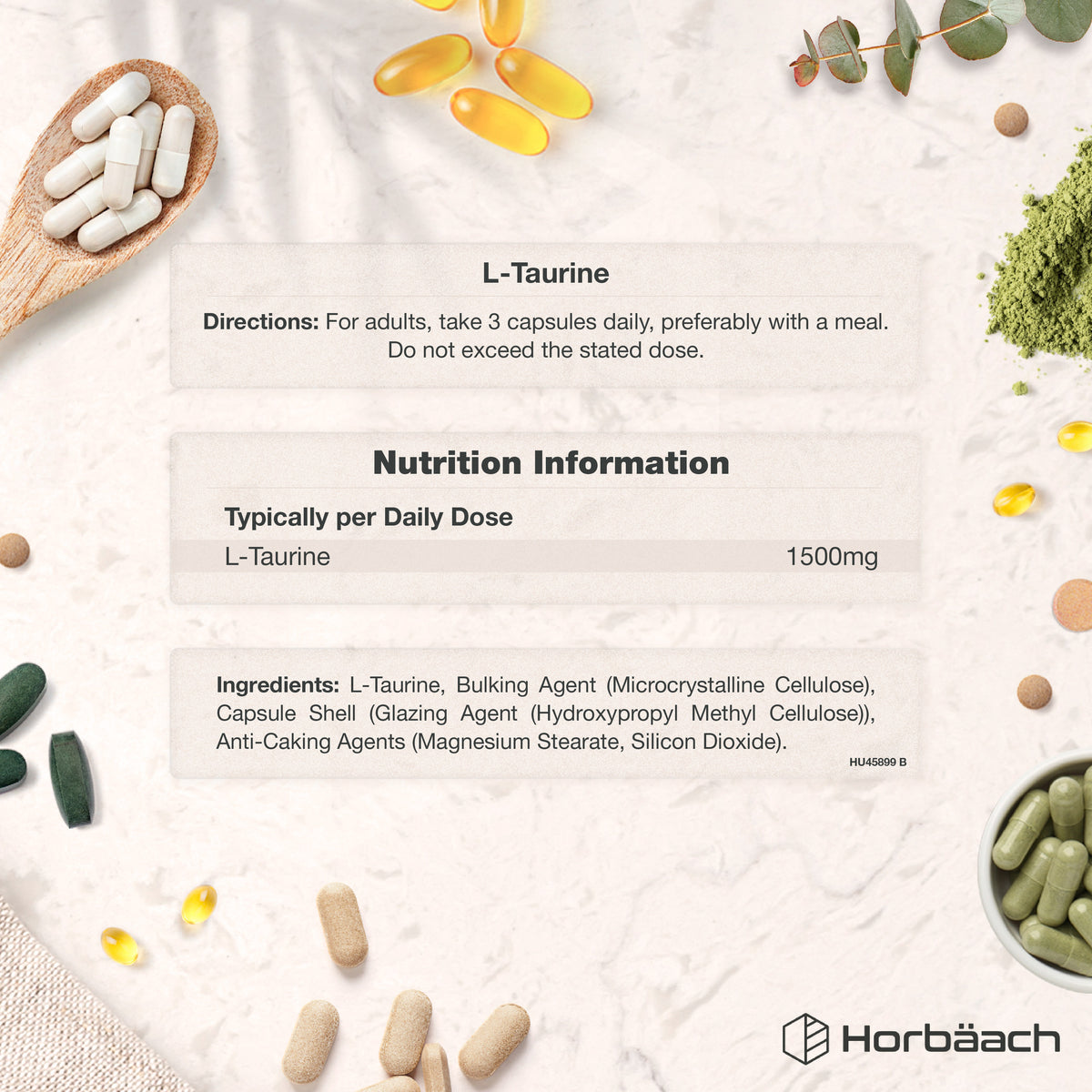 Supplement Facts panel for L-Taurine Complex 1500mg with 120 Vegan Capsules.