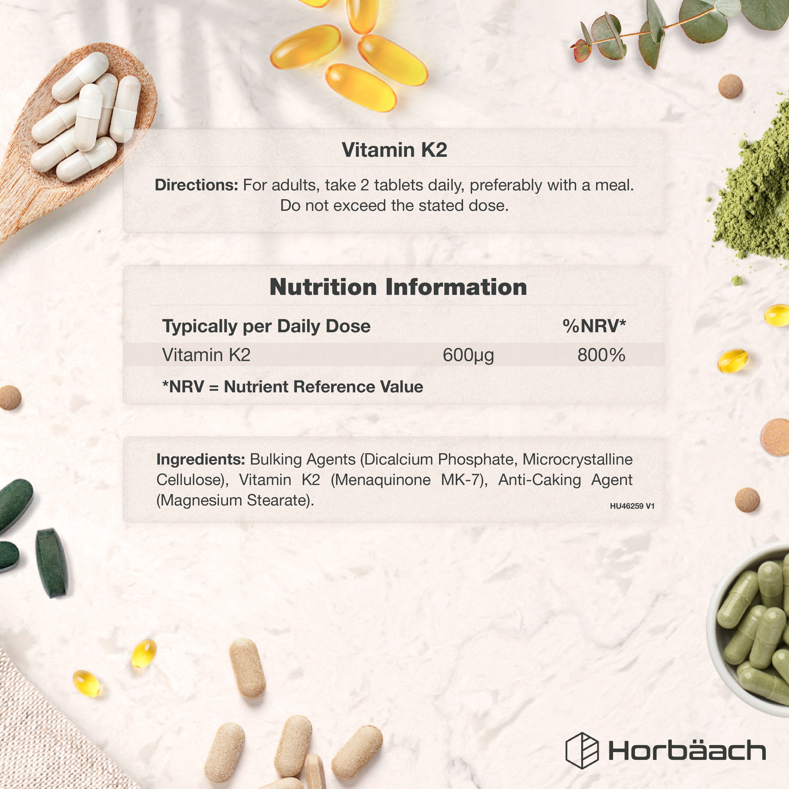 Supplement Facts panel for HU Vitamin K2 MK-7 600ug, offering 120 vegan tablets.