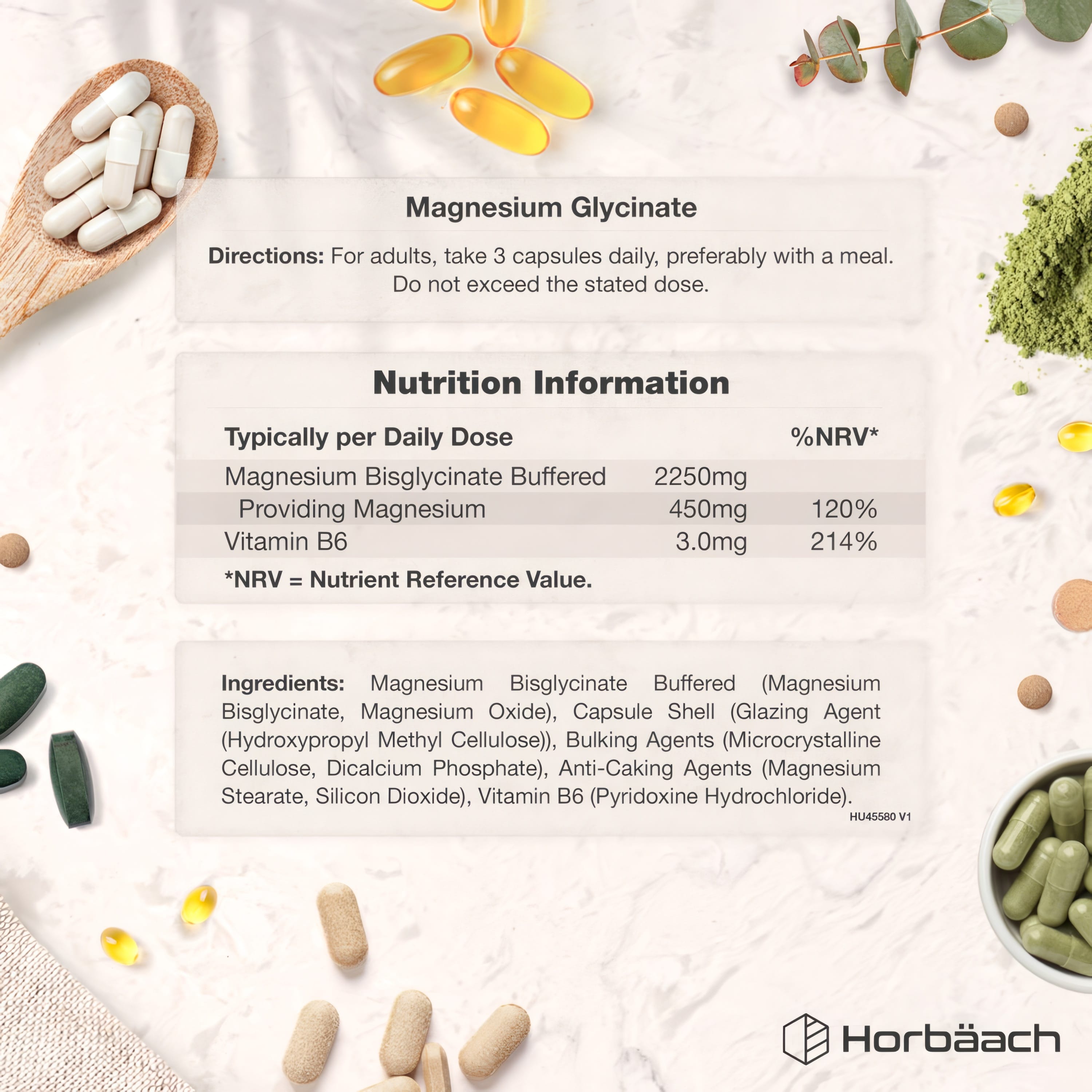 Supplement Facts for Magnesium Glycinate 2250mg, 120 Vegan Capsules, shown on the label.