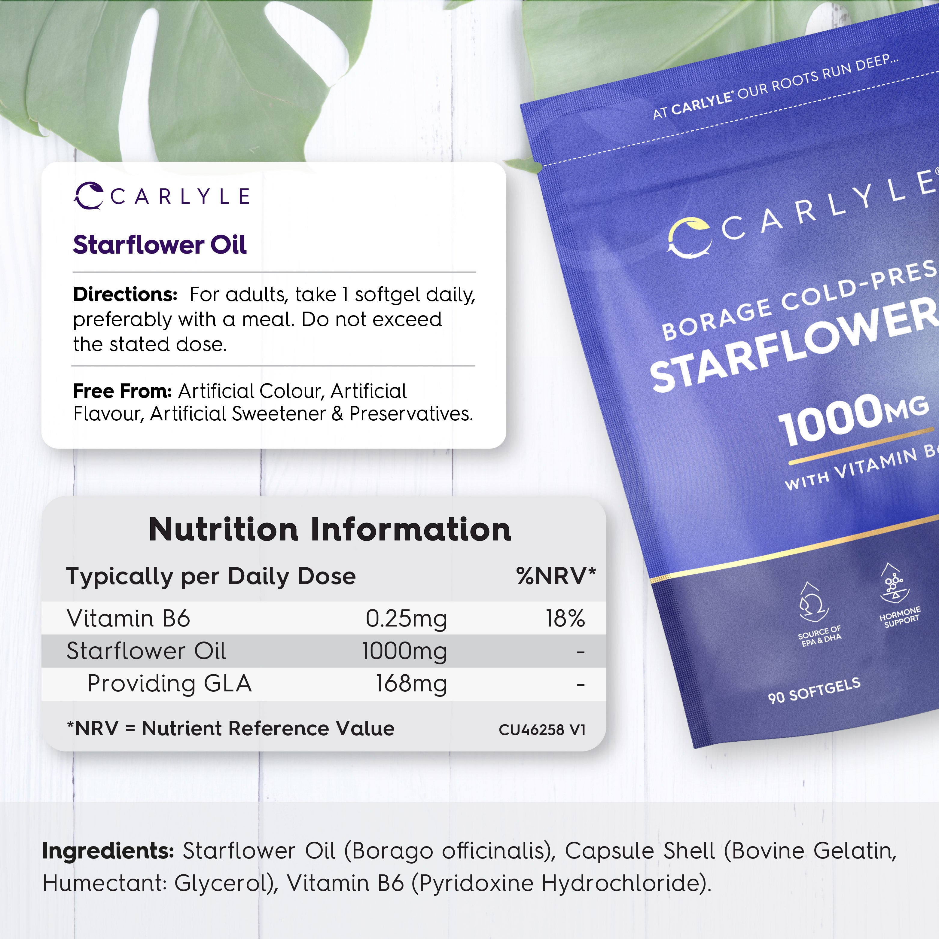 Carlyle Borage Cold-Pressed Starflower Oil 1000mg with Vitamin B6, 90 Softgels pouch, with product, nutrition, ingredient info.