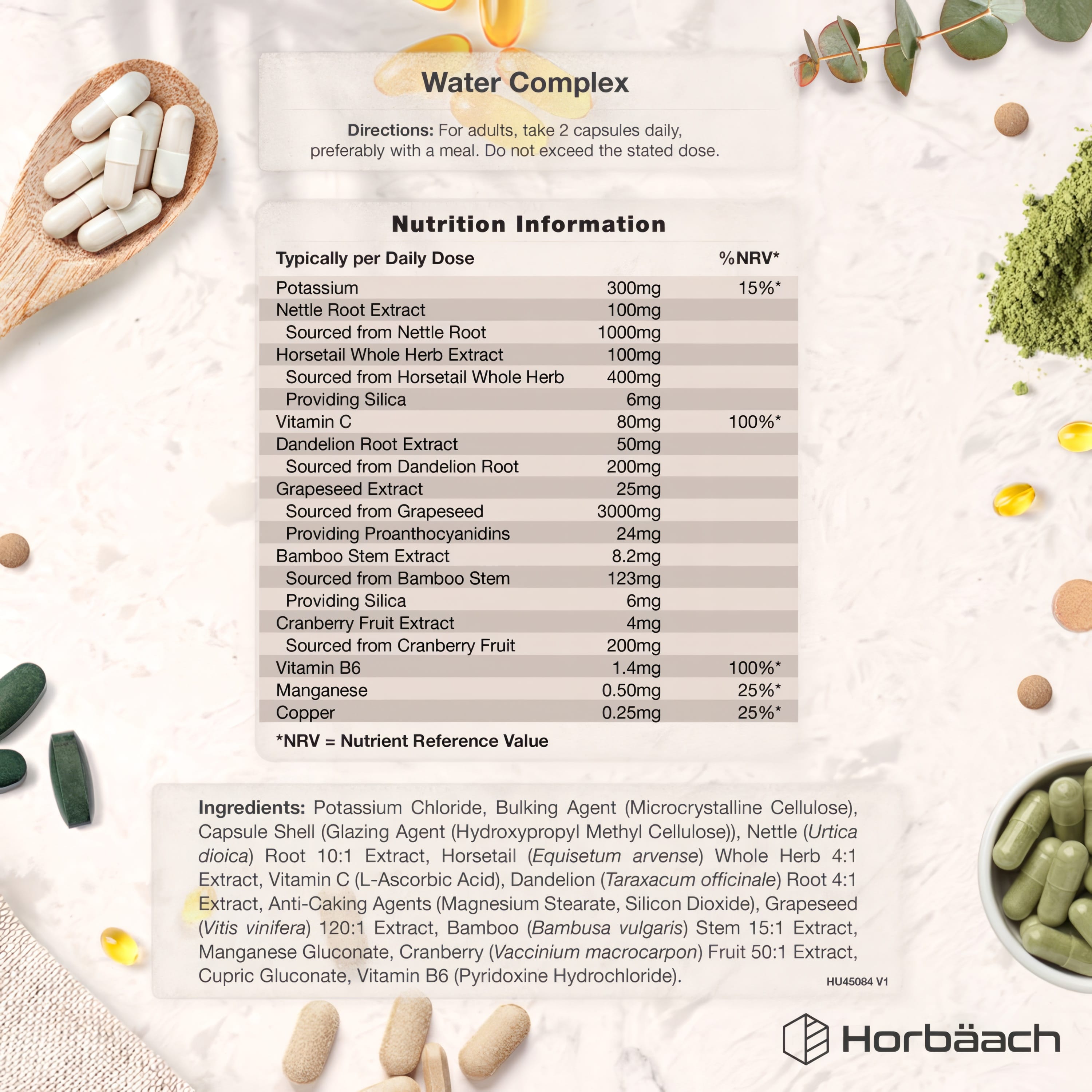 Supplement Facts panel for Water Balance Formula, 120 vegan capsules.
