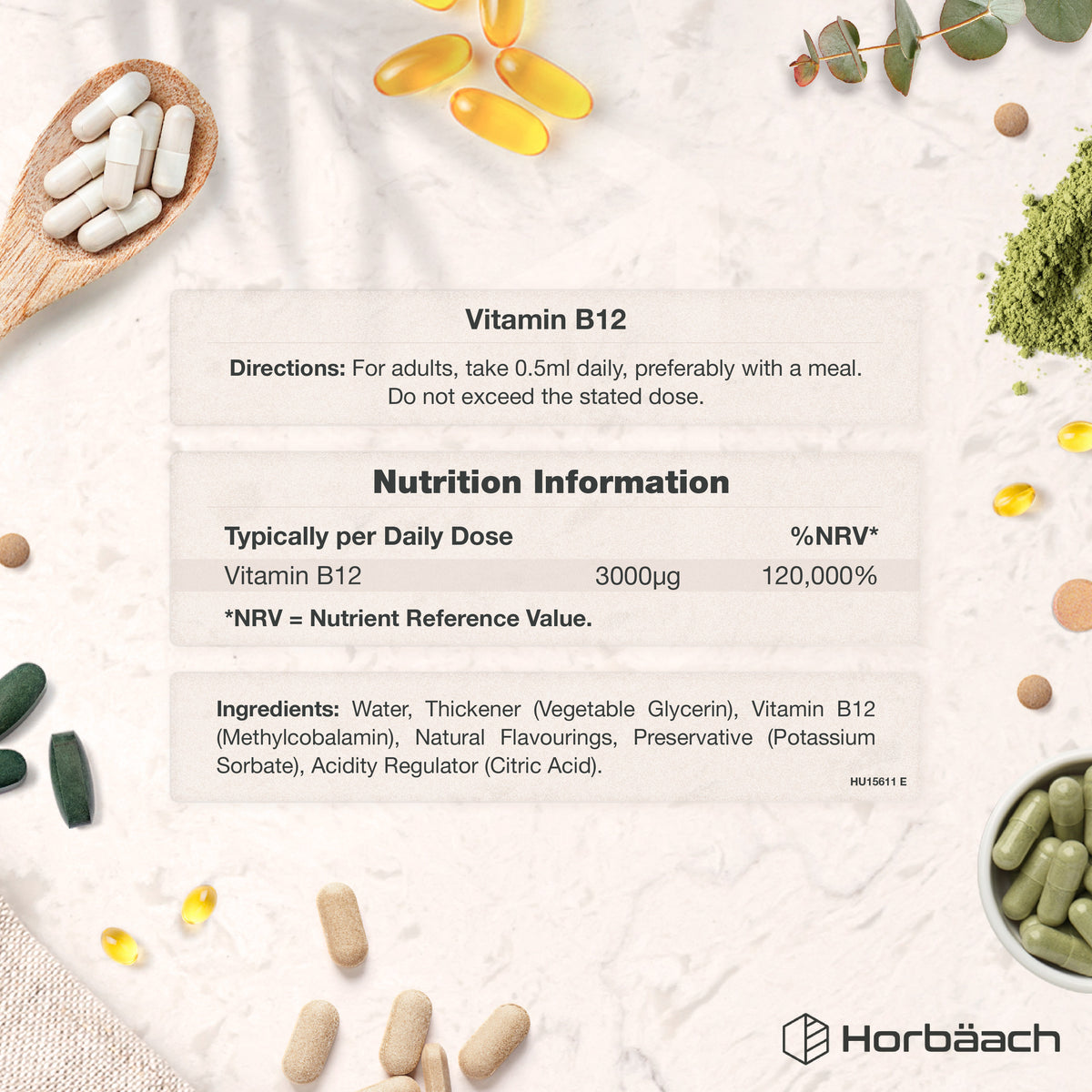 Image shows the Supplement Facts panel for Vitamin B-12 Drops, 3000ug, 30ml Liquid.