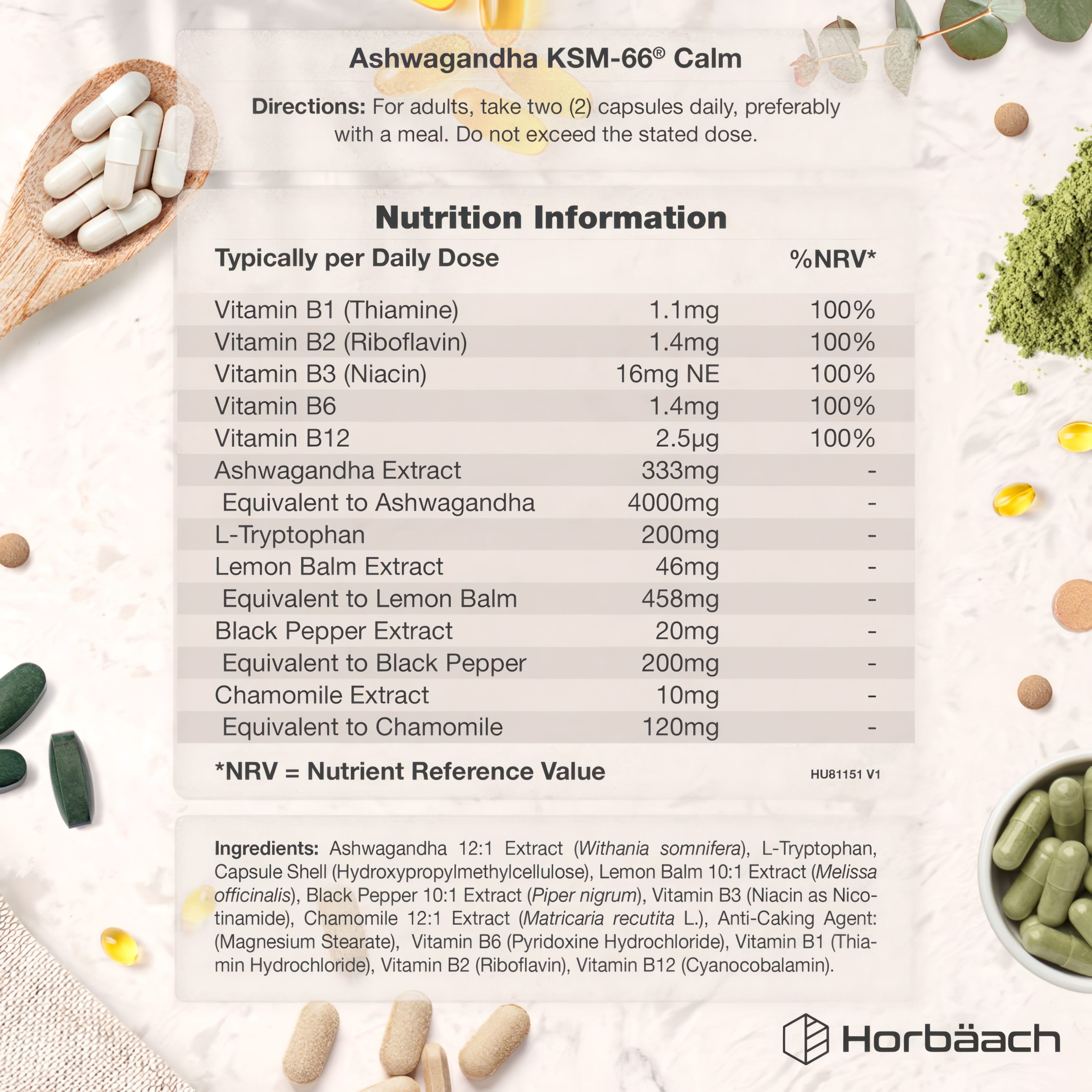 Supplement Facts panel for Ashwagandha Calm 5000mg with 60 Vegan Capsules, detailing ingredients and nutritional information.